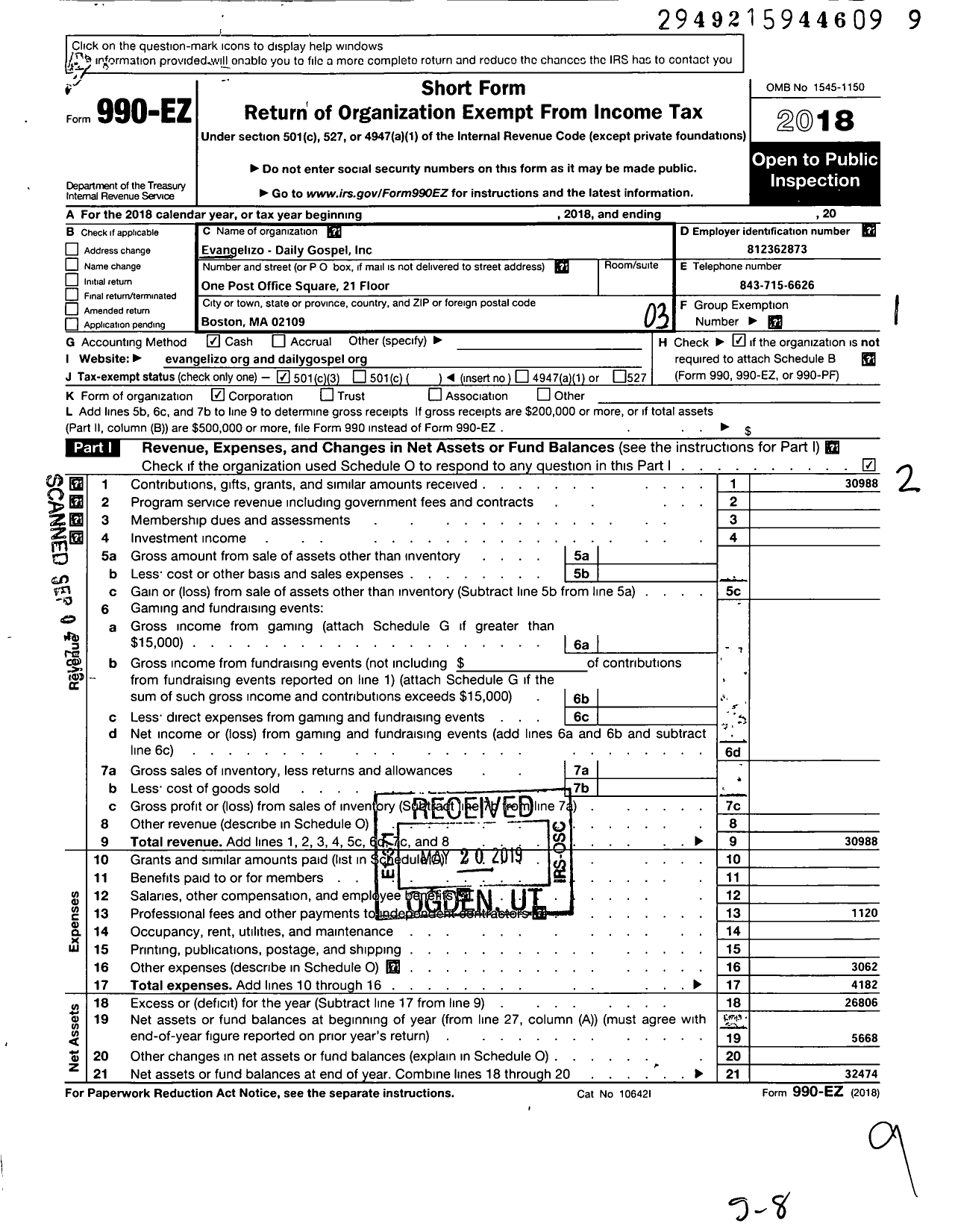 Image of first page of 2018 Form 990EZ for Evangelizo - Daily Gospel