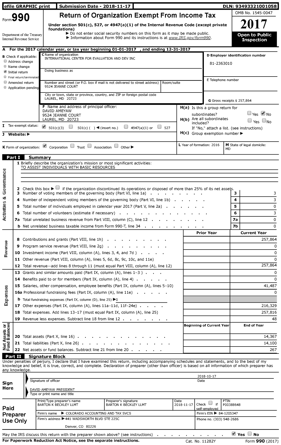 Image of first page of 2017 Form 990 for Not for Profit / International Center for Evaluation and Dev Inc