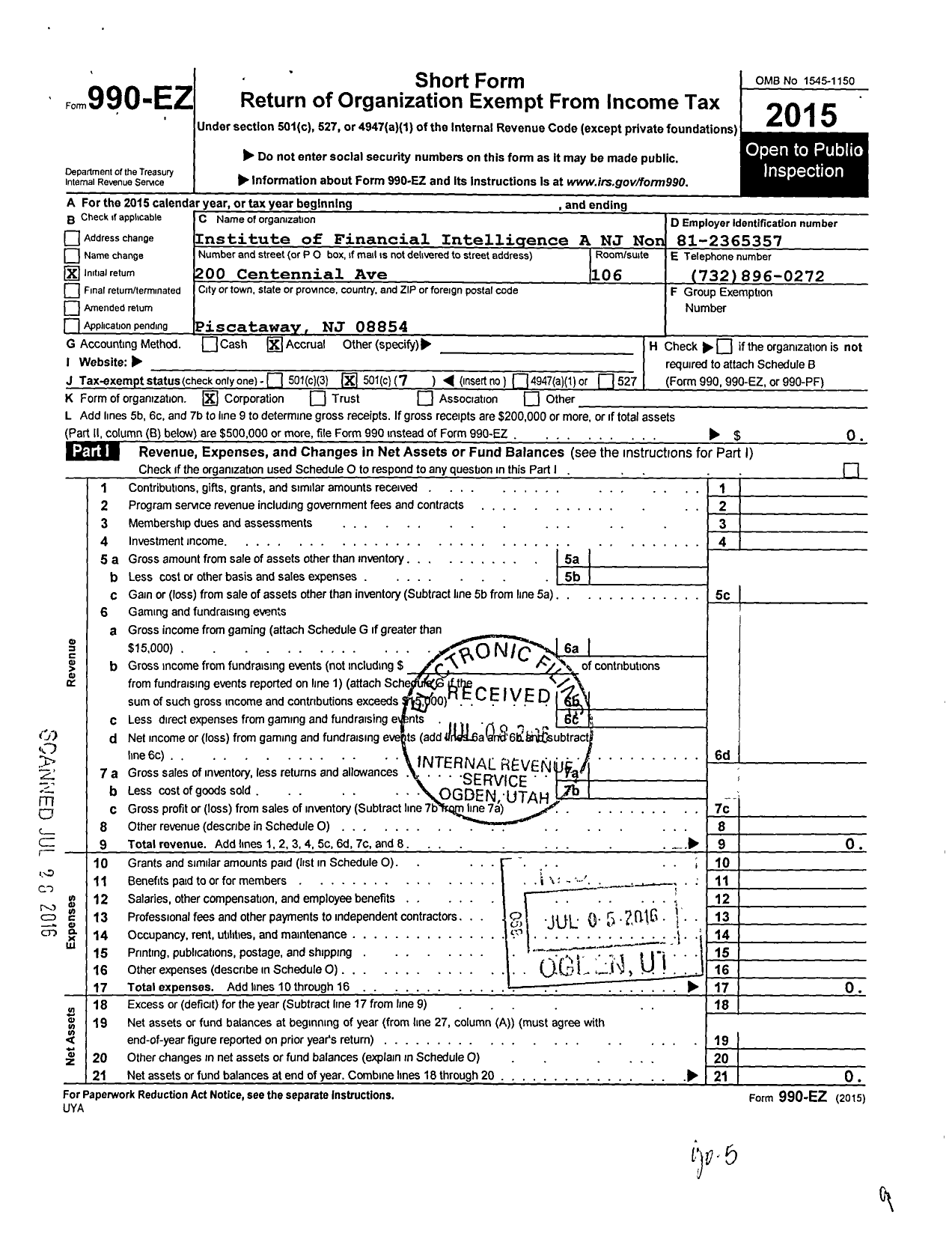 Image of first page of 2015 Form 990EO for Institute of Financial Intelligence A NJ Nonprofit Corporation