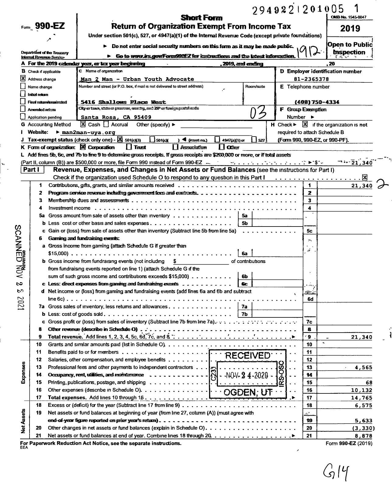 Image of first page of 2019 Form 990EZ for Man 2 Man - Urban Youth Advocate