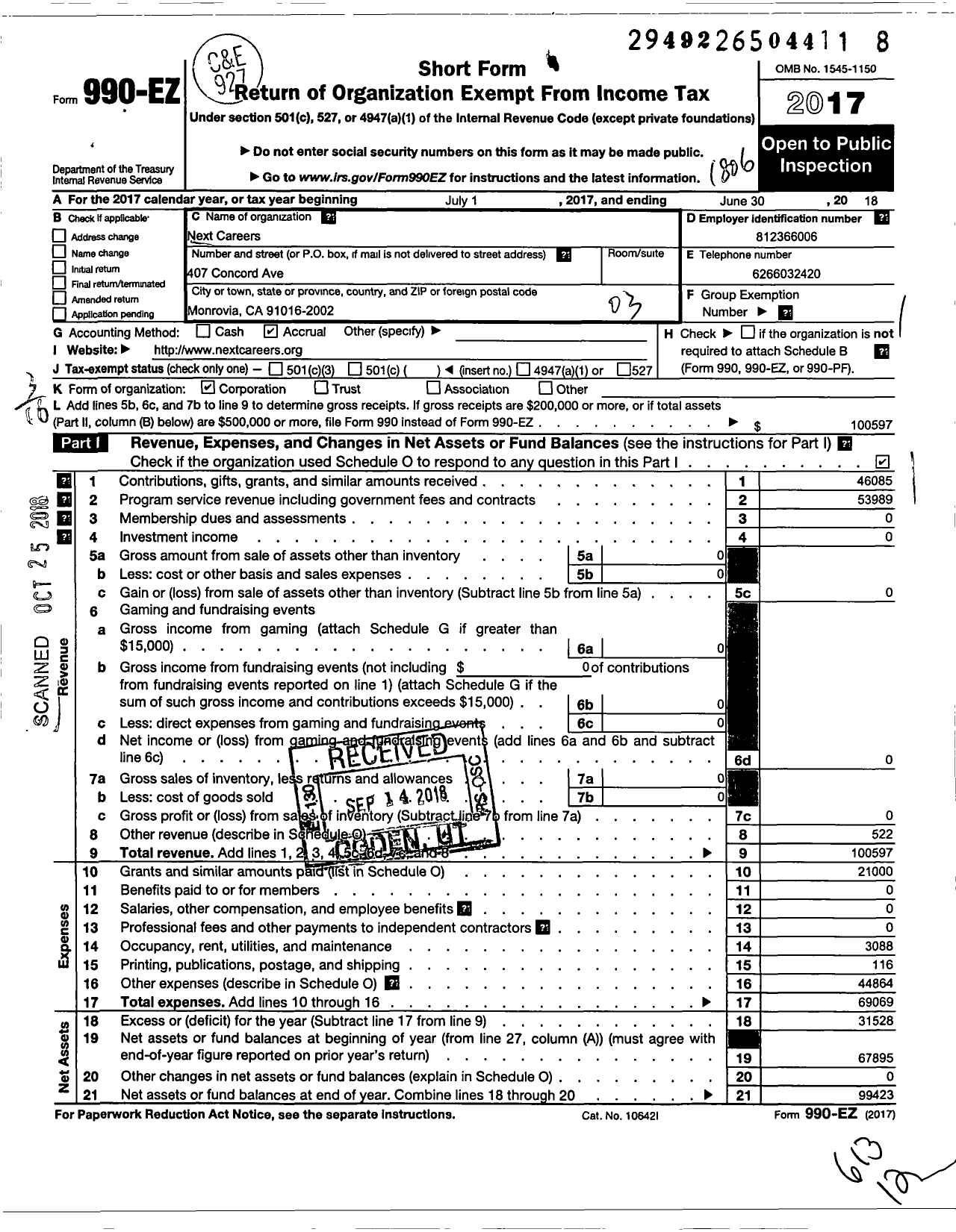 Image of first page of 2017 Form 990EZ for Next Careers