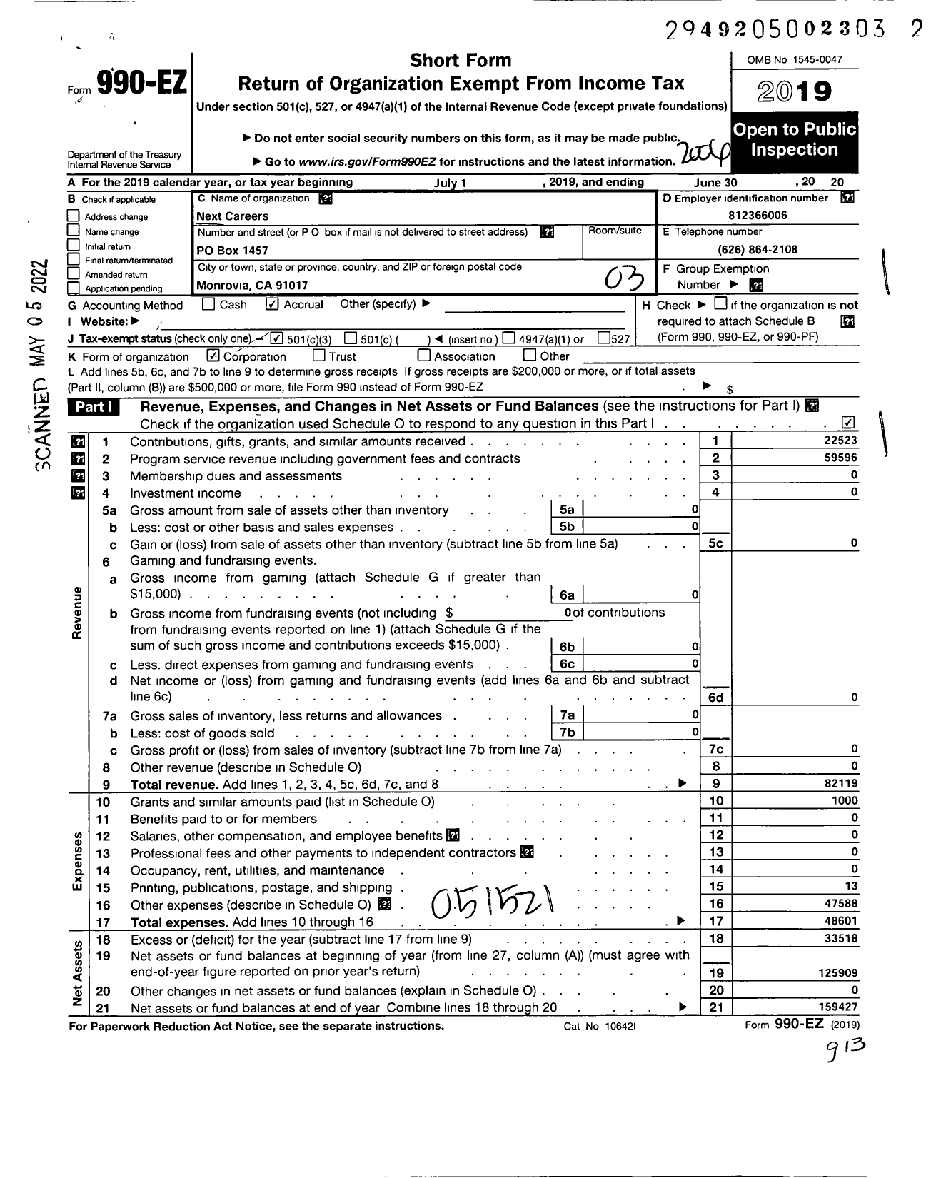 Image of first page of 2019 Form 990EZ for Next Careers