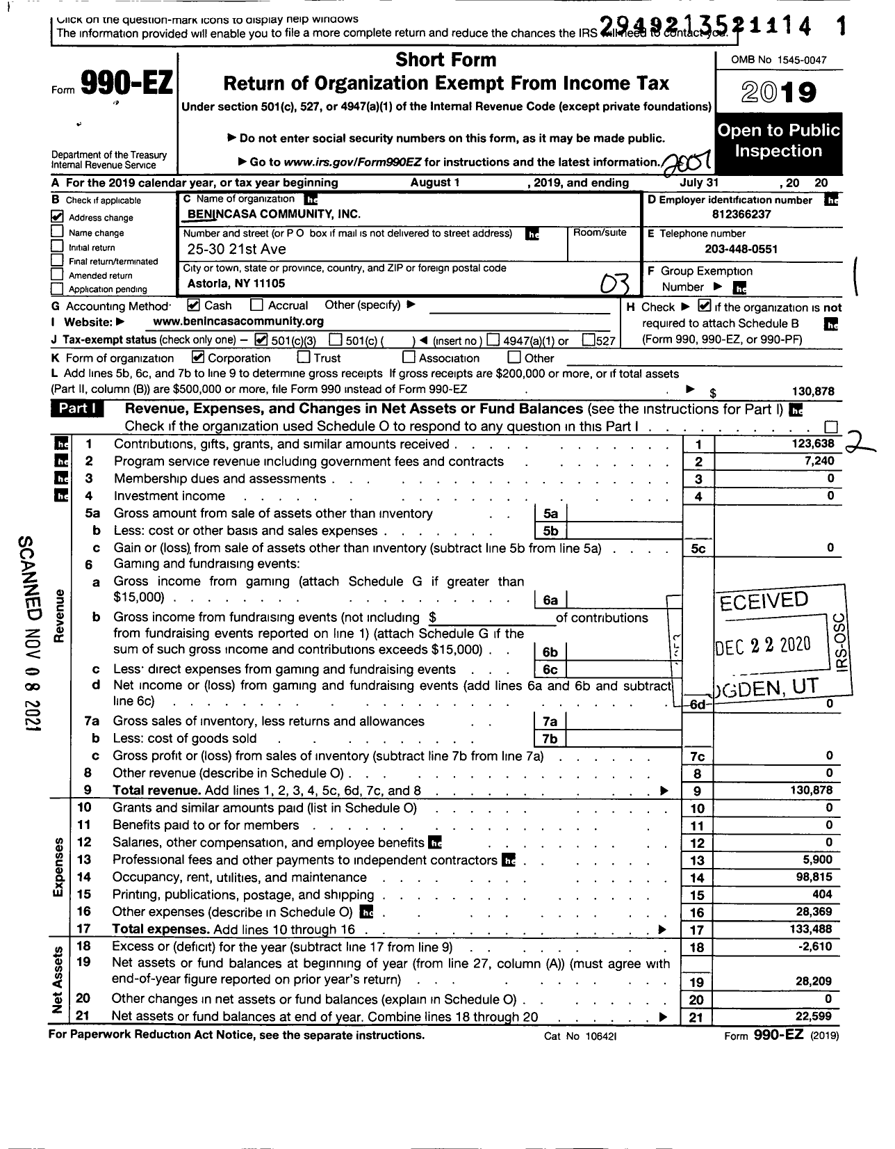 Image of first page of 2019 Form 990EZ for Benincasa Community