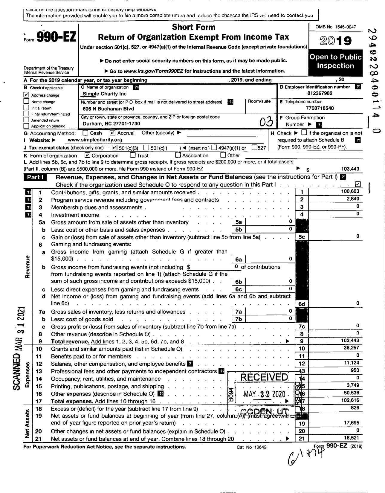 Image of first page of 2019 Form 990EZ for Simple Charity