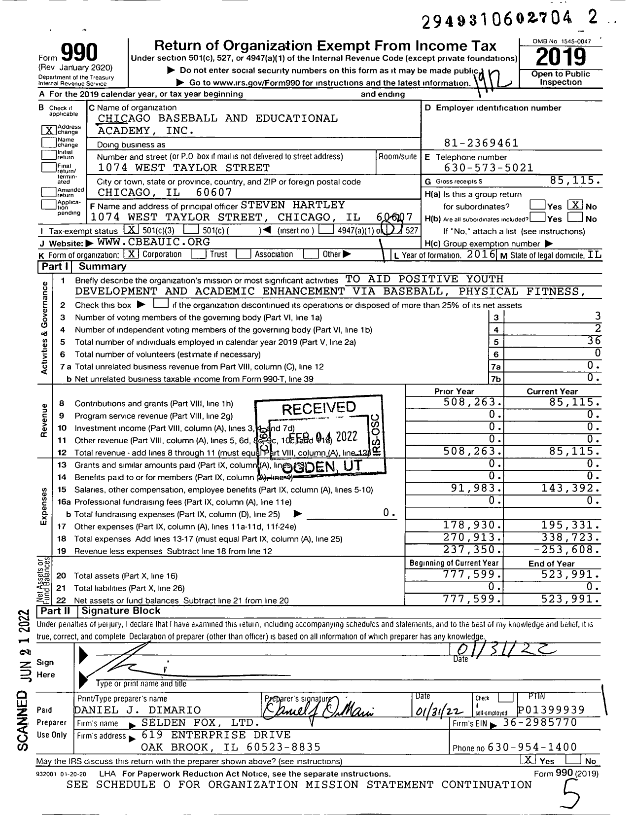 Image of first page of 2019 Form 990 for Chicago Baseball and Educational Academy