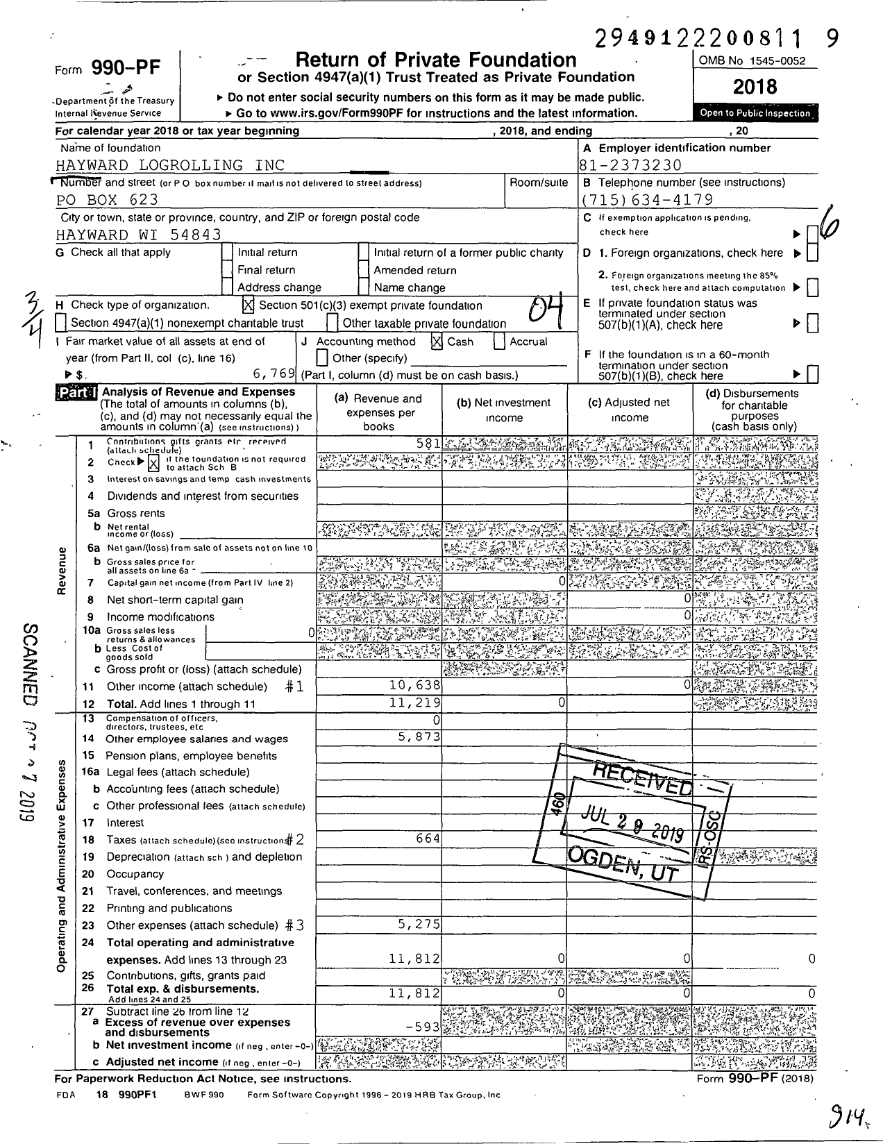 Image of first page of 2018 Form 990PF for Hayward Logrolling