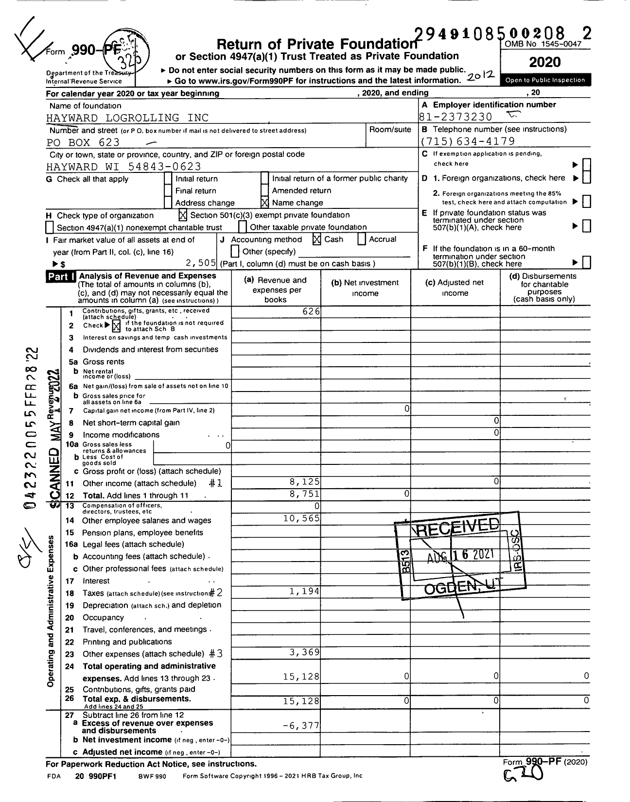 Image of first page of 2020 Form 990PF for Hayward Logrolling