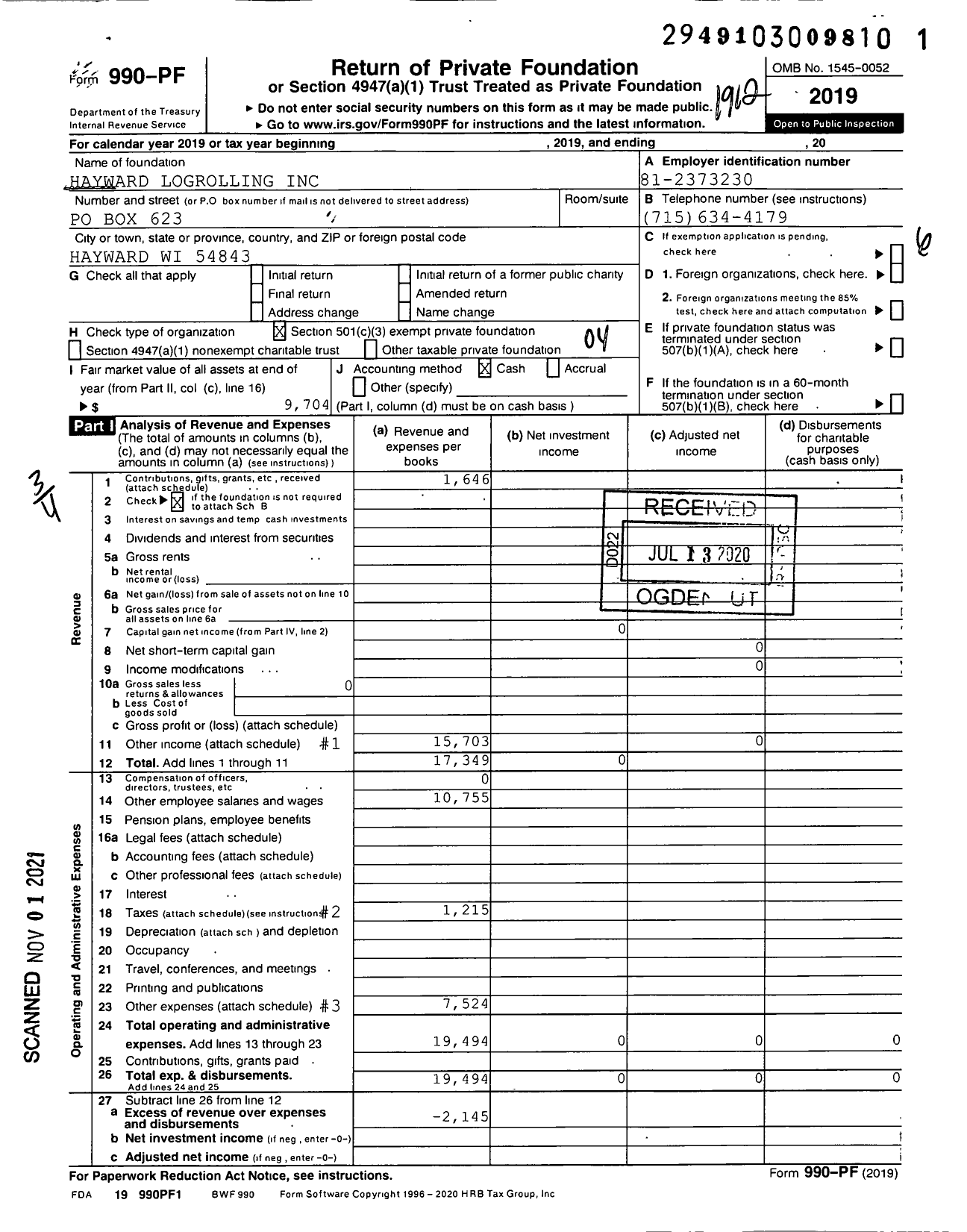 Image of first page of 2019 Form 990PF for Hayward Logrolling