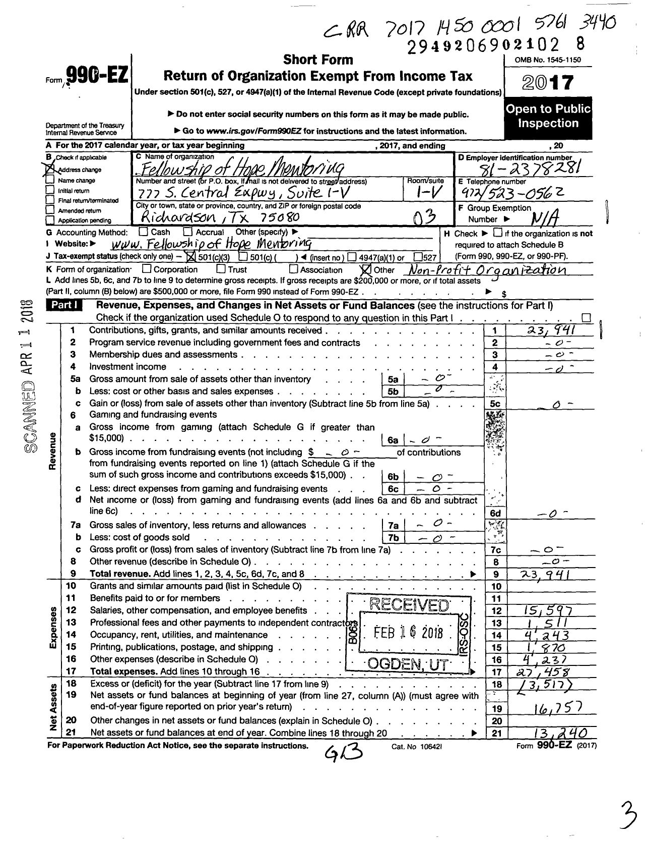 Image of first page of 2017 Form 990EZ for Fellowship of Hope Mentoring