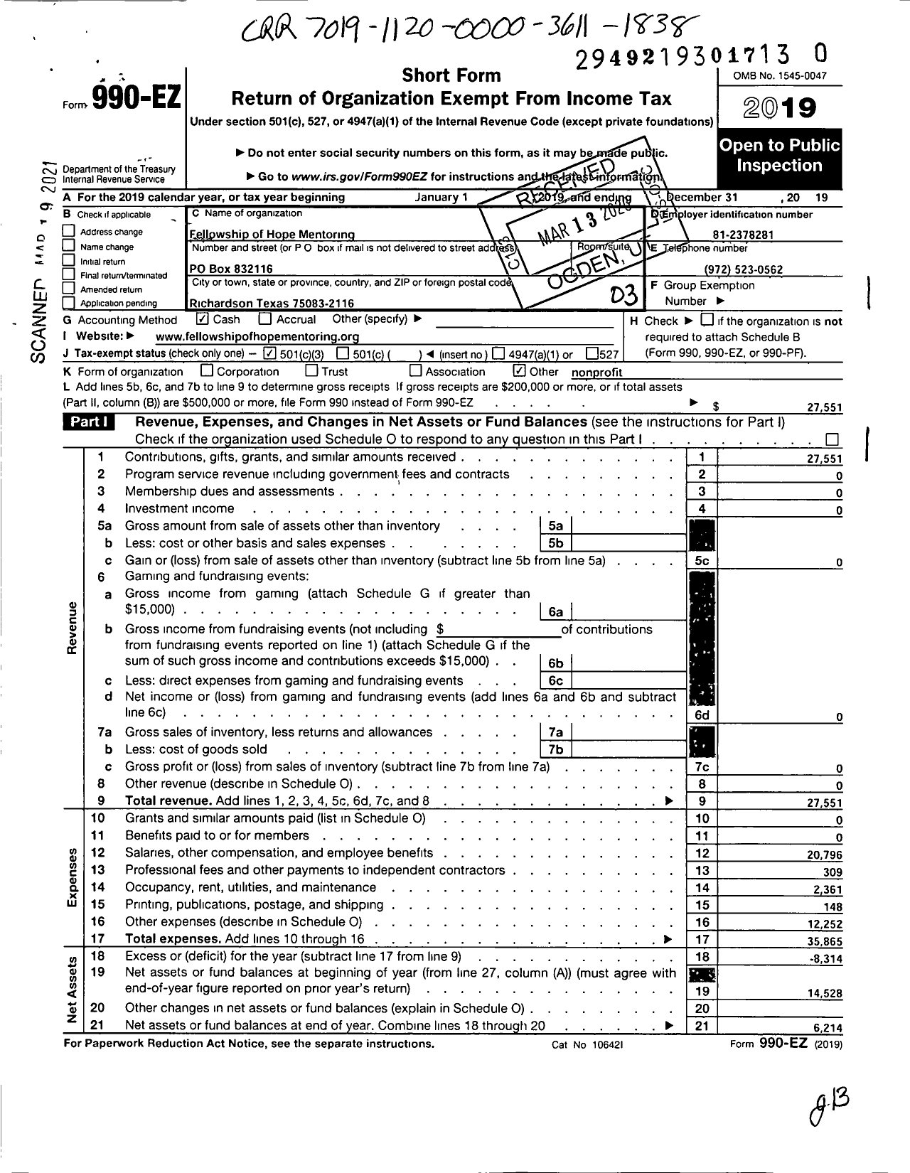 Image of first page of 2019 Form 990EZ for Fellowship of Hope Mentoring