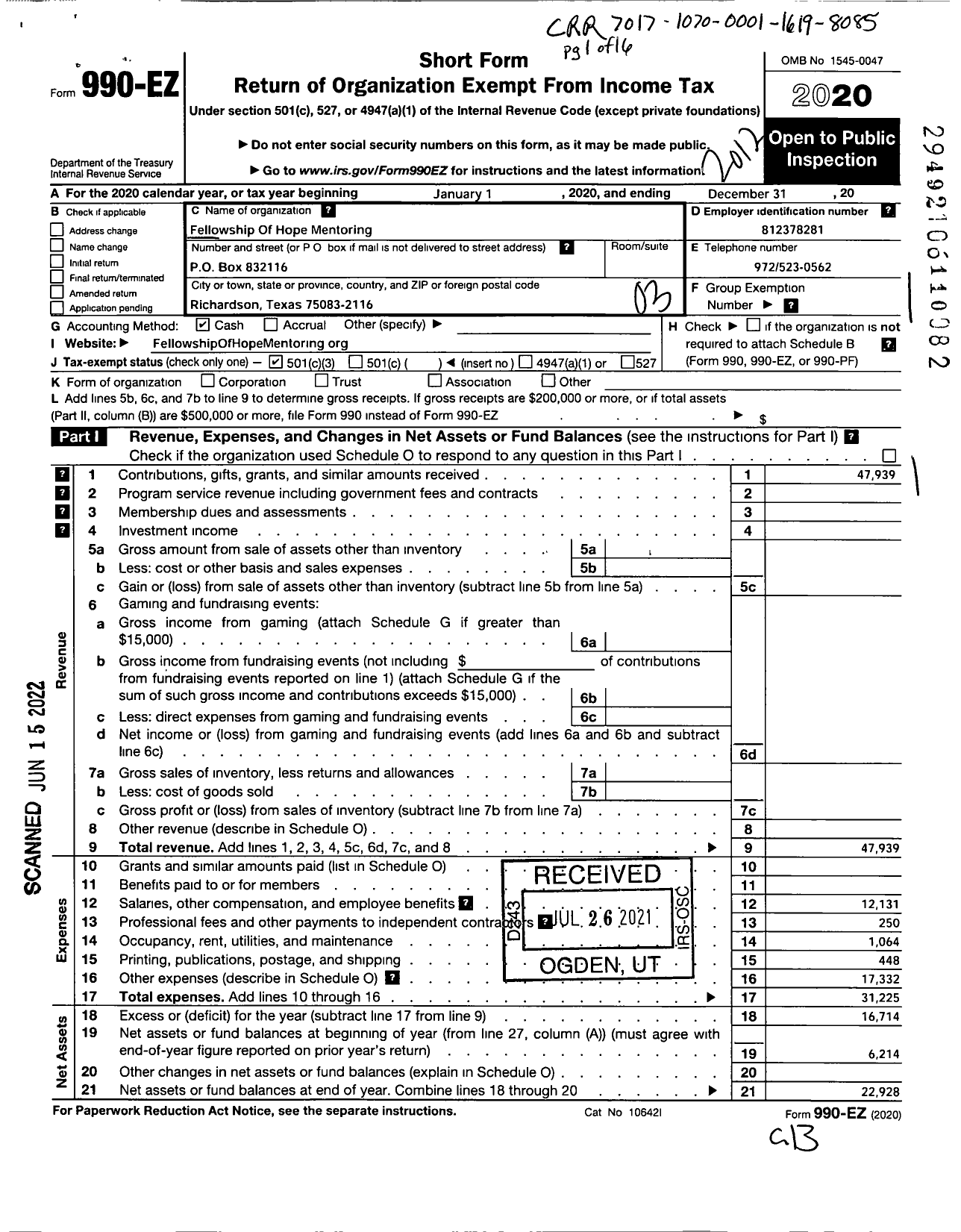 Image of first page of 2020 Form 990EZ for Fellowship of Hope Mentoring