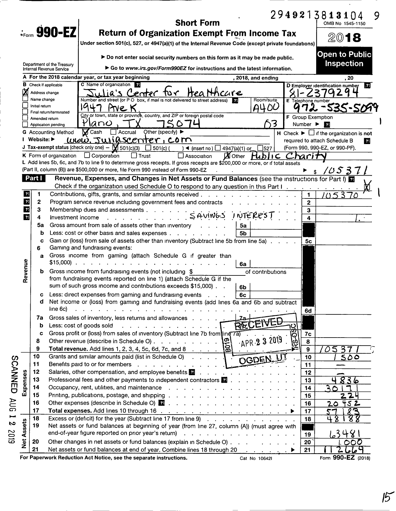 Image of first page of 2018 Form 990EZ for Julias Center