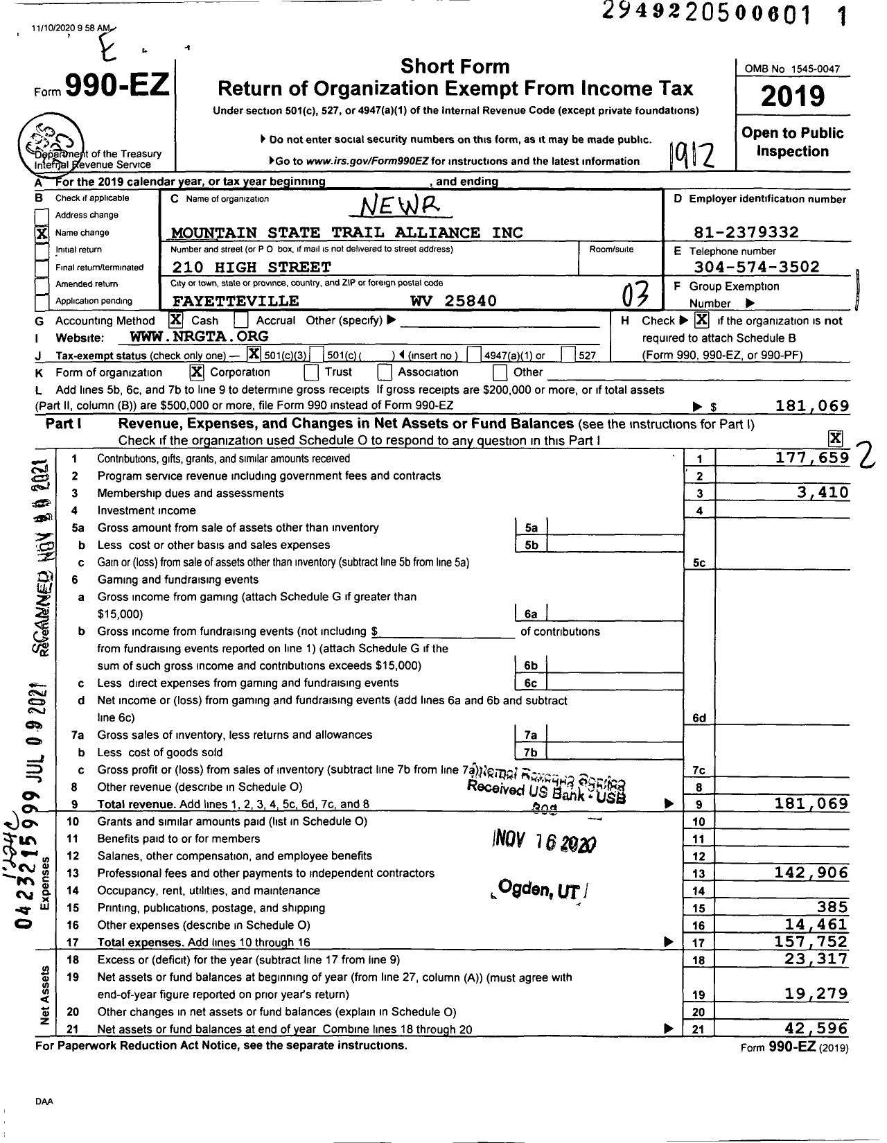 Image of first page of 2019 Form 990EZ for Mountain State Trail Alliance