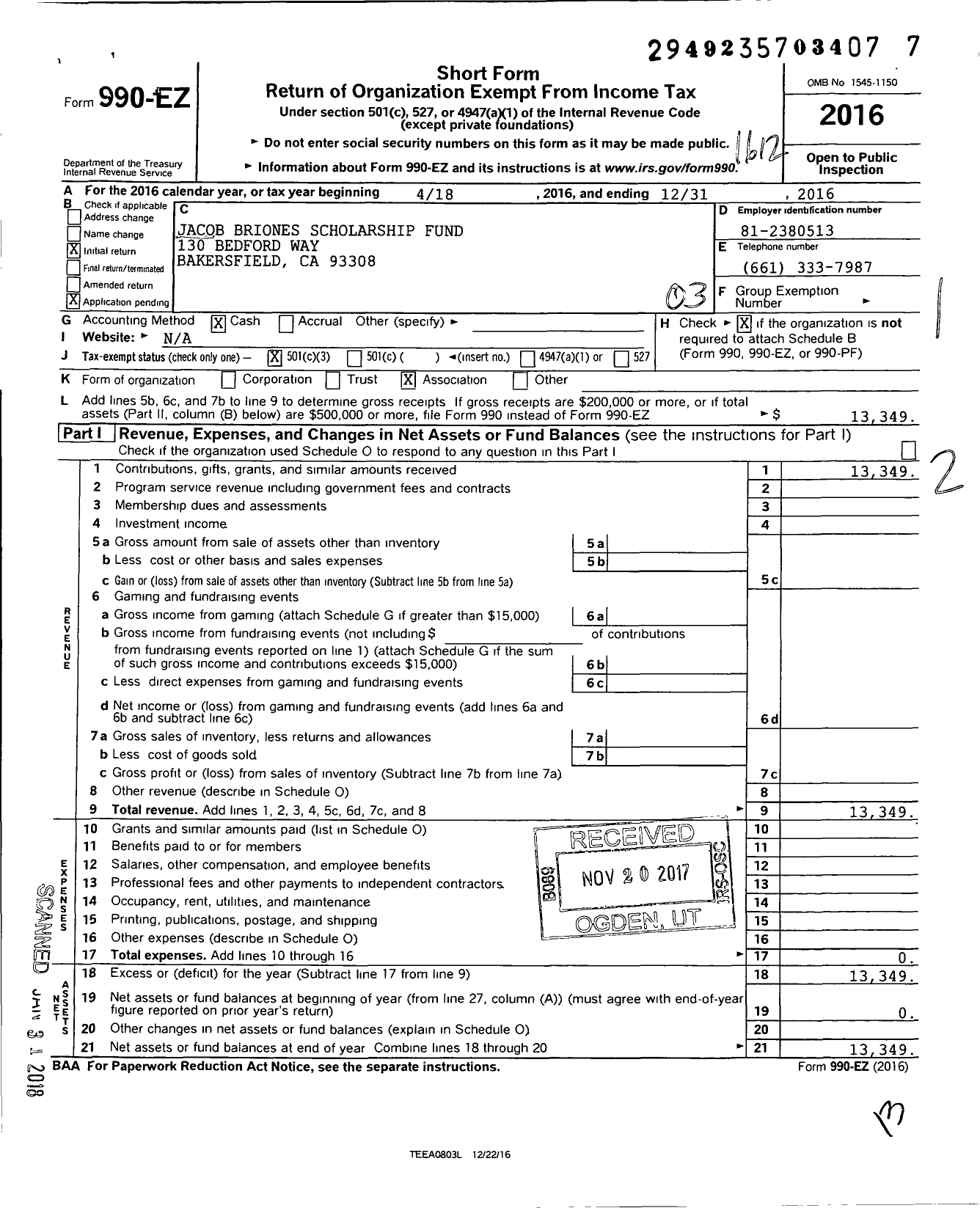 Image of first page of 2016 Form 990EZ for Jacob Briones Scholarship Fund