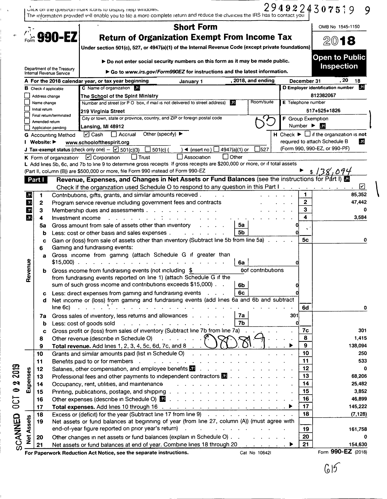 Image of first page of 2018 Form 990EZ for School of the Spirit Ministry