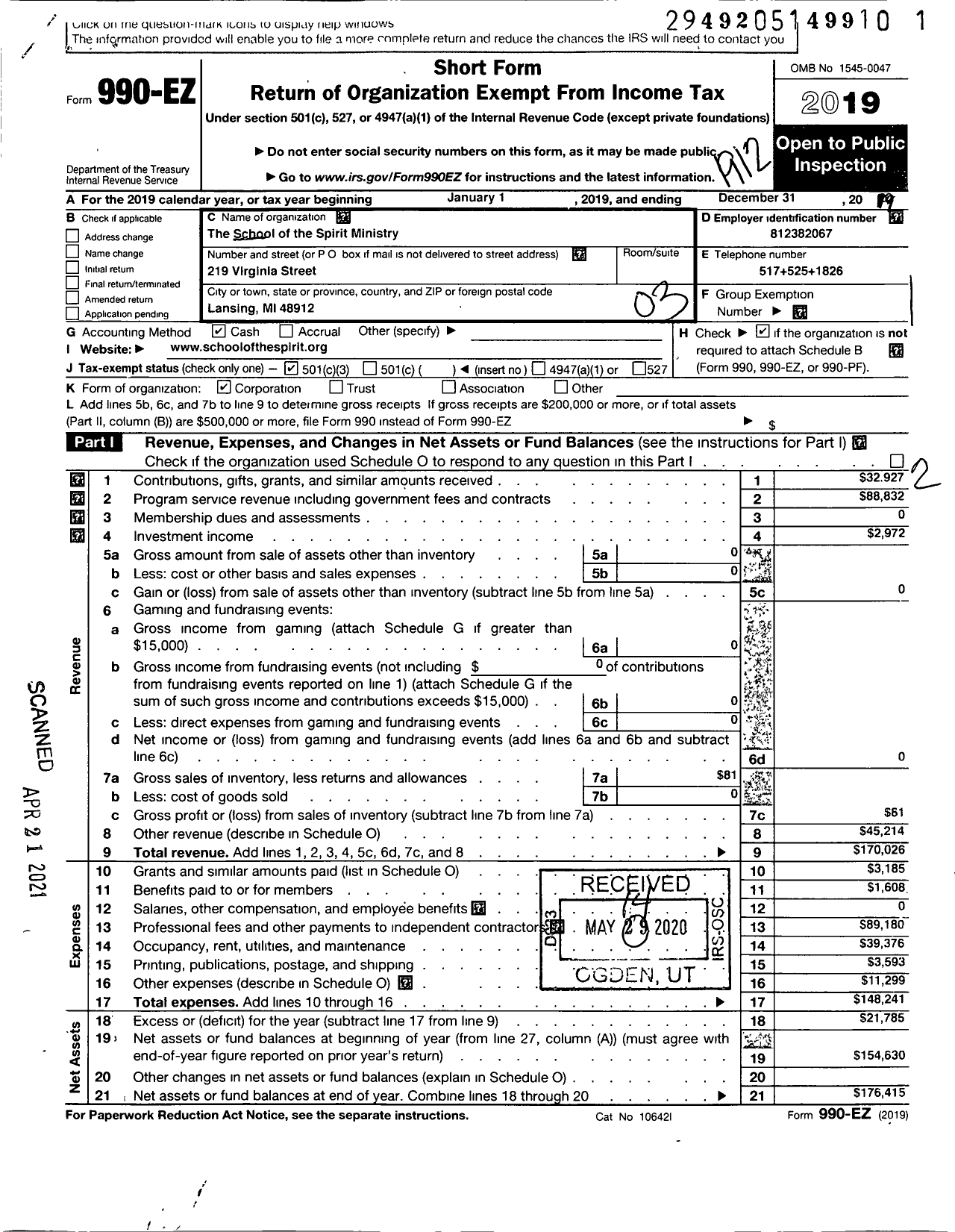 Image of first page of 2019 Form 990EZ for School of the Spirit Ministry