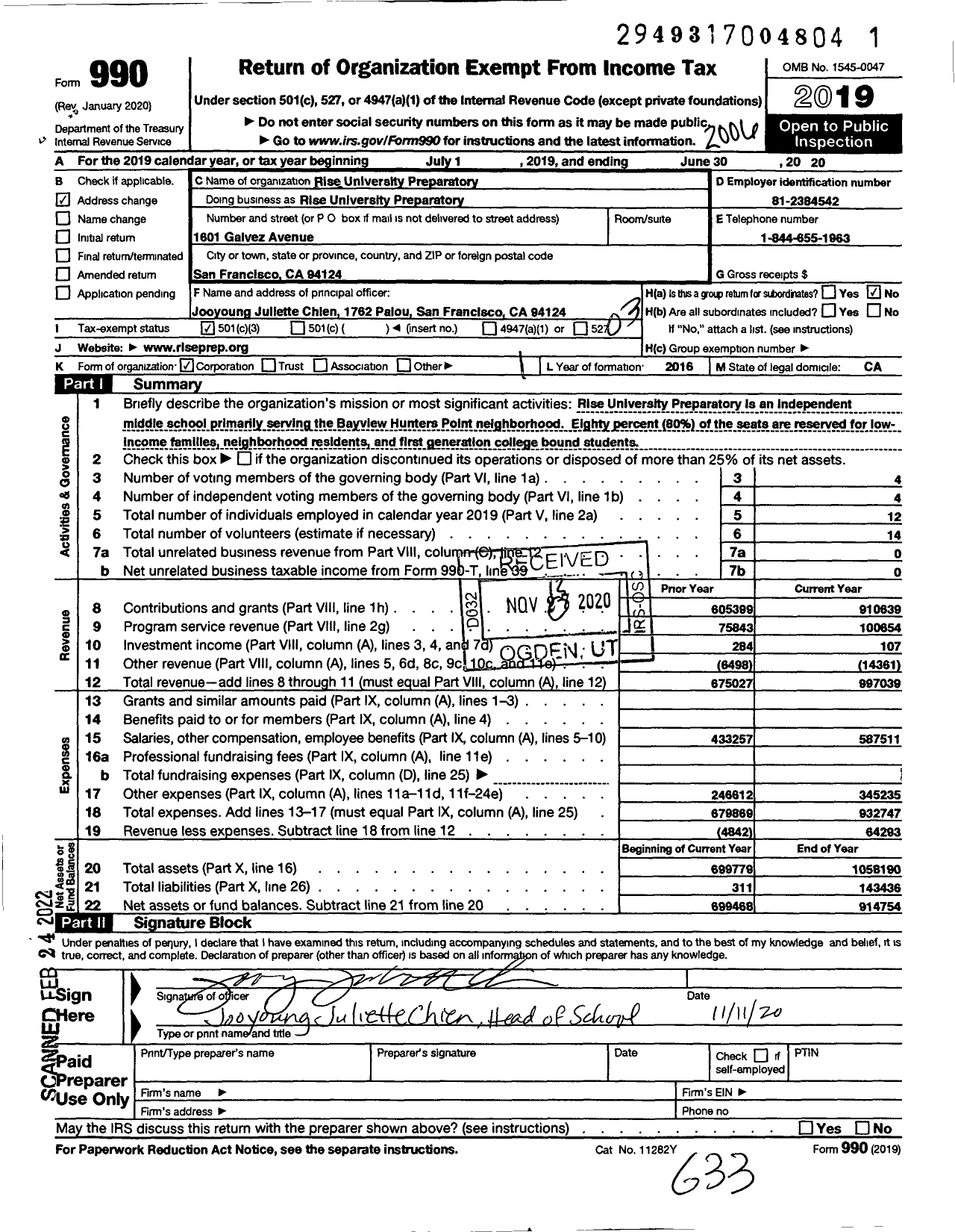 Image of first page of 2019 Form 990 for Rise University Preparatory