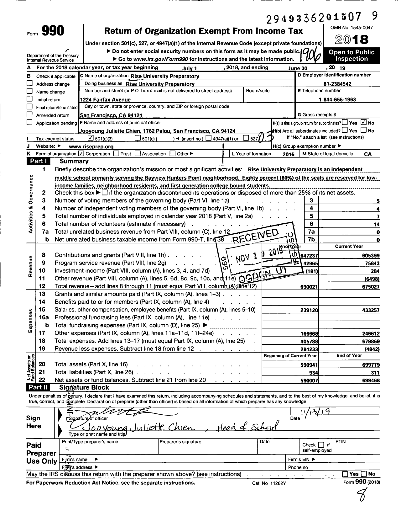 Image of first page of 2018 Form 990 for Rise University Preparatory