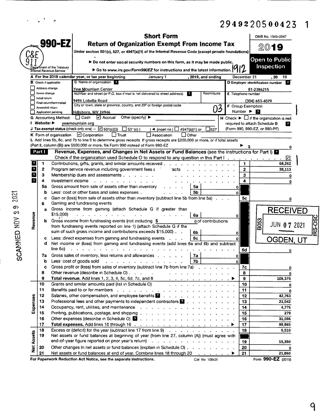 Image of first page of 2019 Form 990EZ for Yew Mountain Center