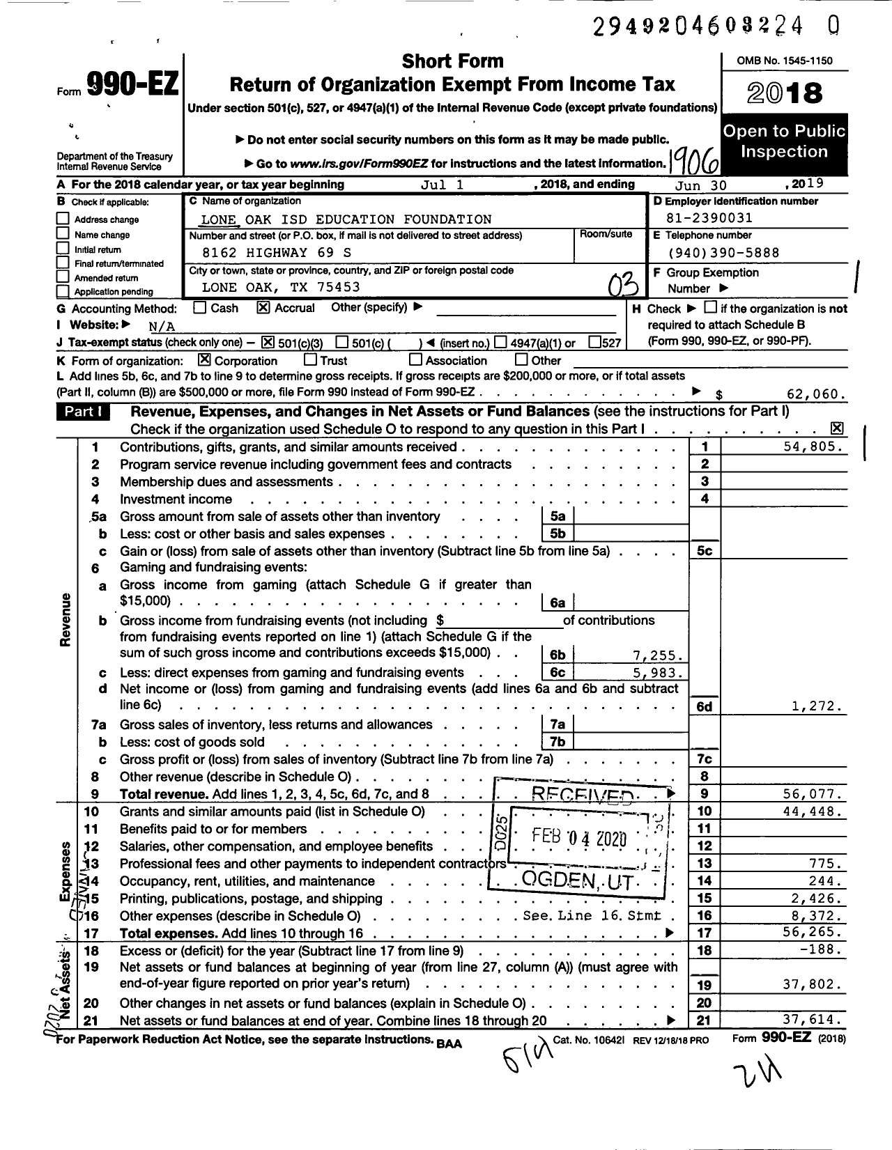 Image of first page of 2018 Form 990EZ for Lone Oak Education Foundation