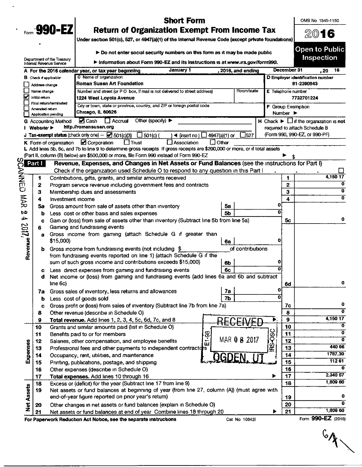 Image of first page of 2016 Form 990EZ for Roman Susan Art Foundation NFP