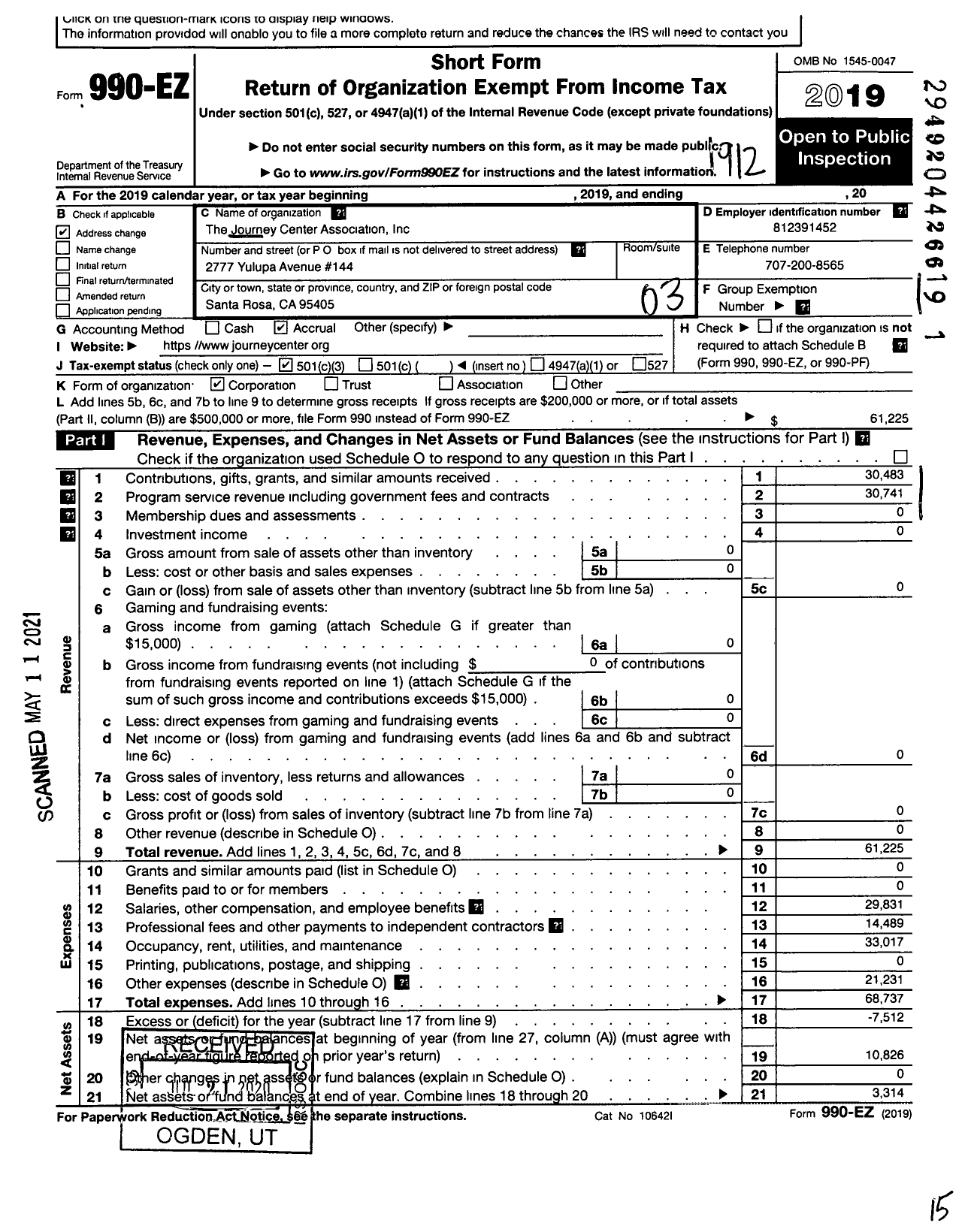 Image of first page of 2019 Form 990EZ for Journey Center Association