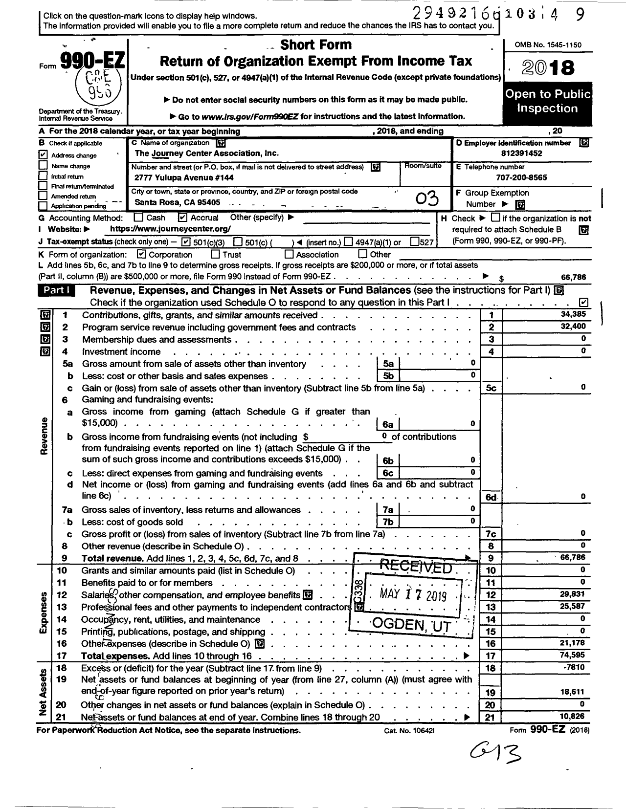Image of first page of 2018 Form 990EZ for Journey Center Association