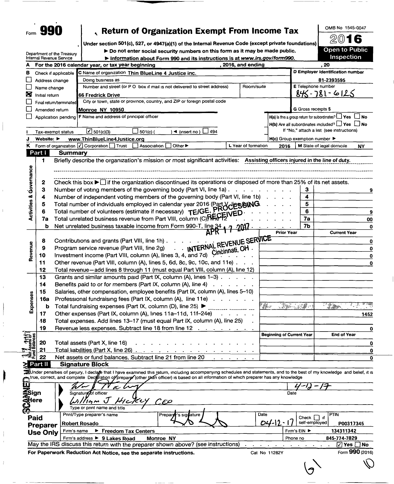 Image of first page of 2016 Form 990 for Thin Blue Line 4 Justice