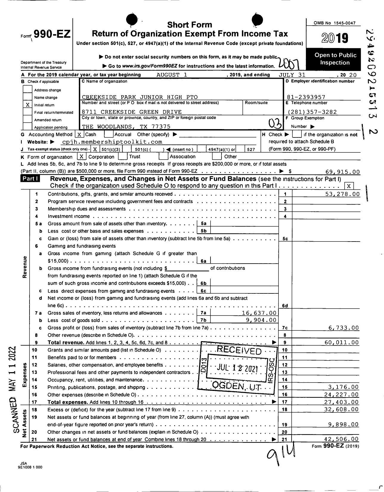 Image of first page of 2019 Form 990EZ for Creekside Park Junior High Pto