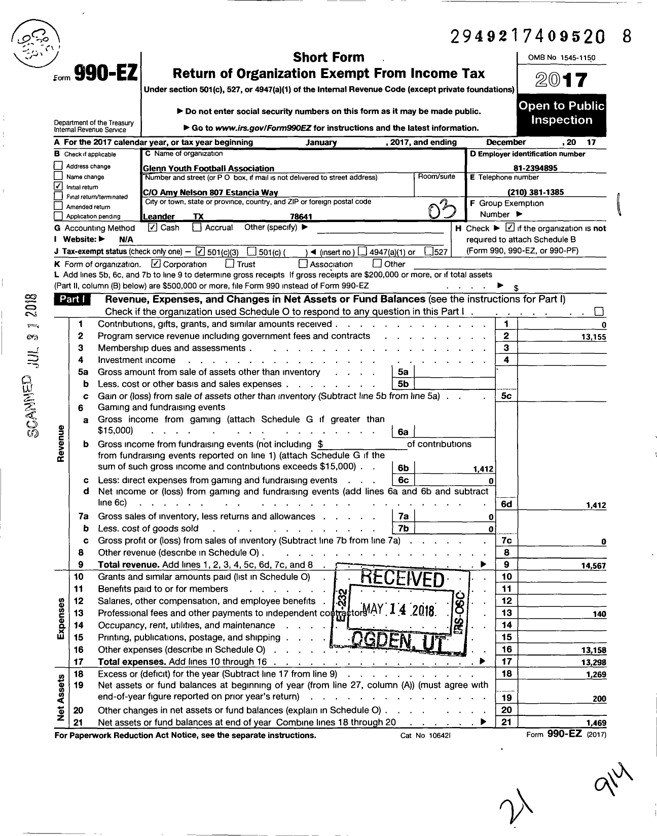 Image of first page of 2017 Form 990EZ for American Youth Football - Glenn Youth Football Association