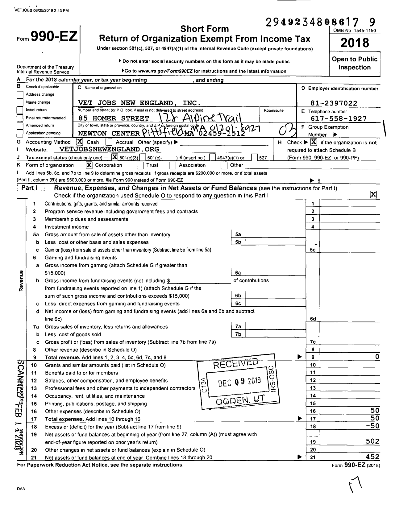 Image of first page of 2018 Form 990EZ for Vet Jobs America