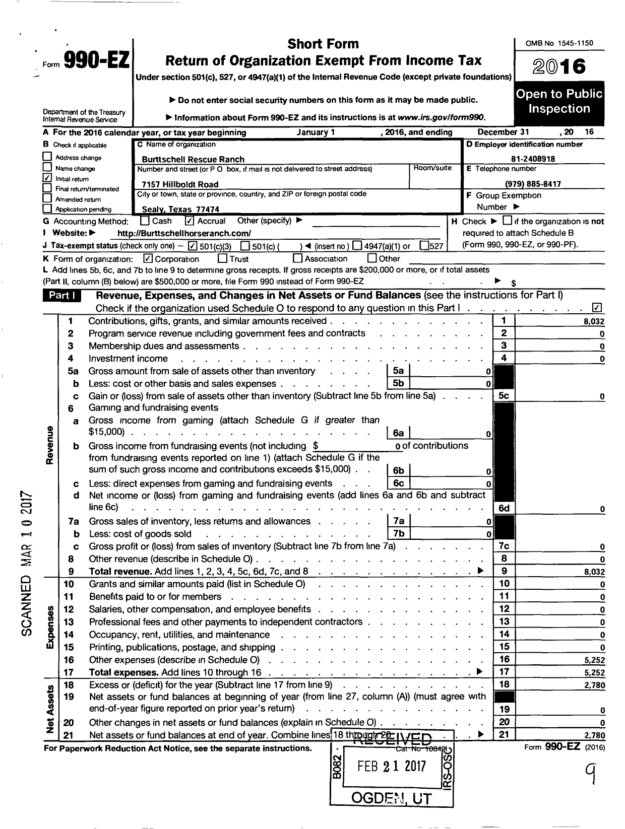 Image of first page of 2016 Form 990EZ for Burttschell Rescue Ranch