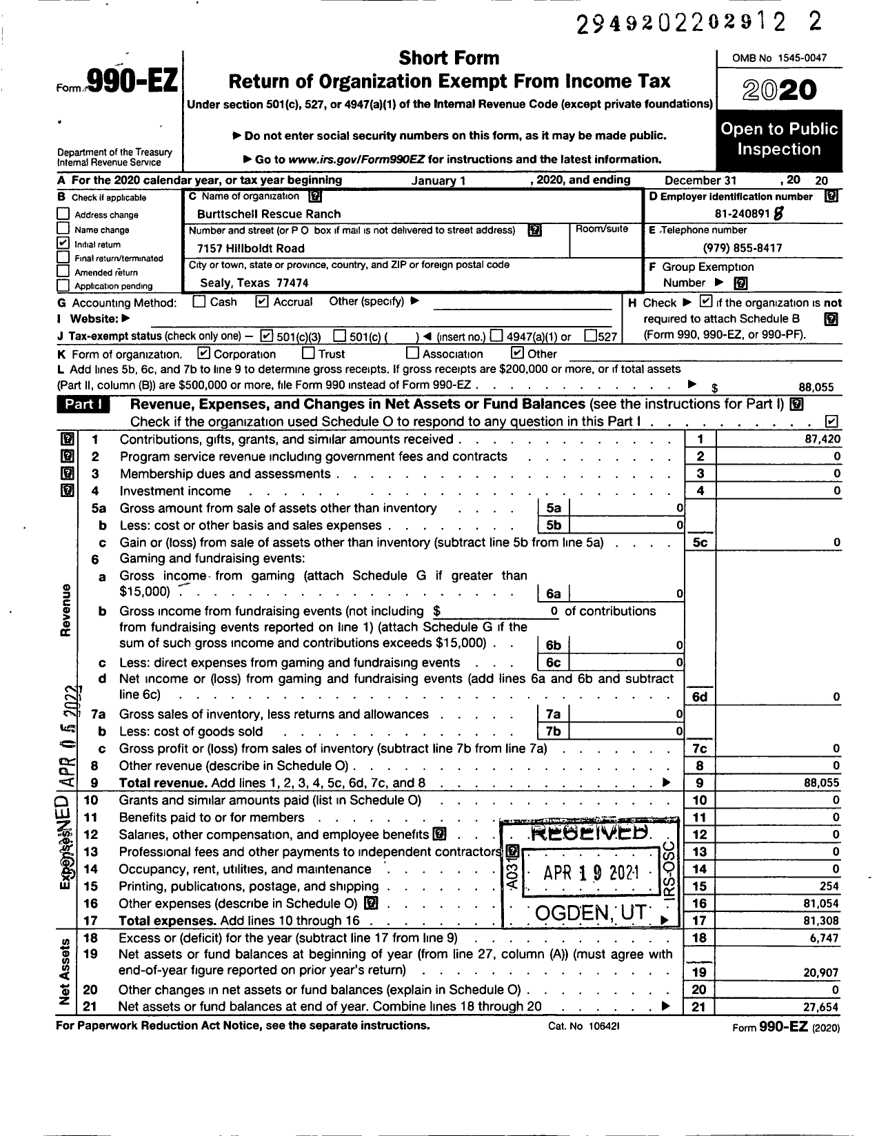 Image of first page of 2020 Form 990EZ for Burttschell Rescue Ranch