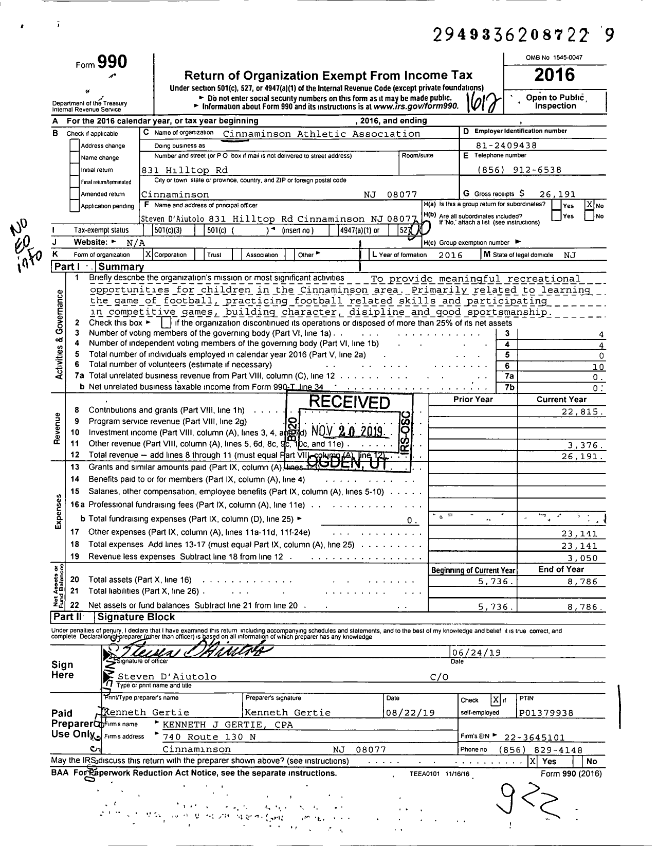 Image of first page of 2016 Form 990O for Cinnaminson Athletic Association