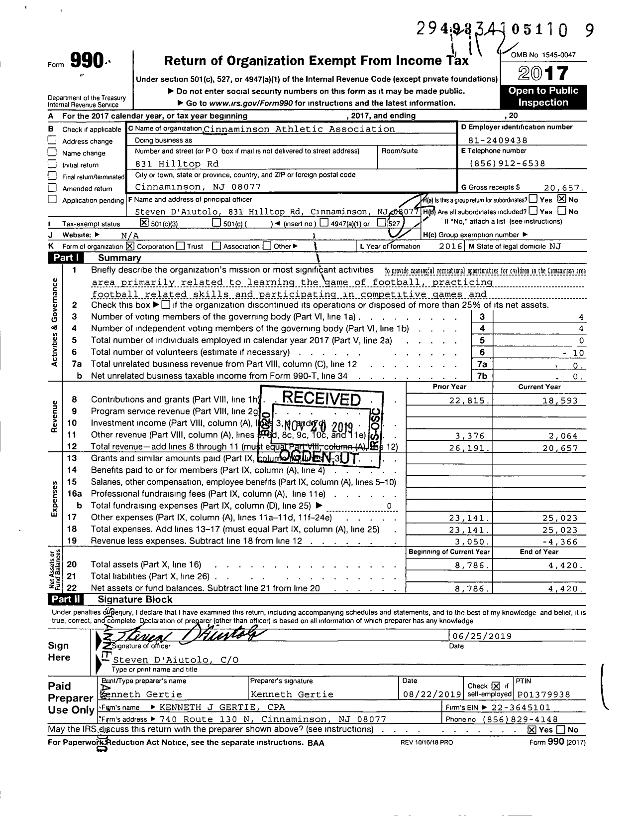 Image of first page of 2017 Form 990 for Cinnaminson Athletic Association