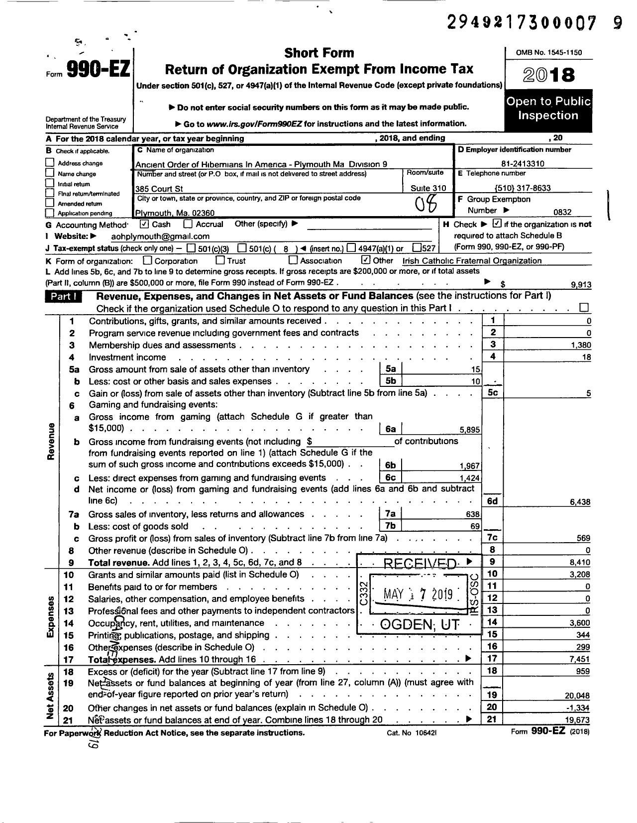 Image of first page of 2018 Form 990EO for Ancient Order of Hibernians in America - 19 Pl 09