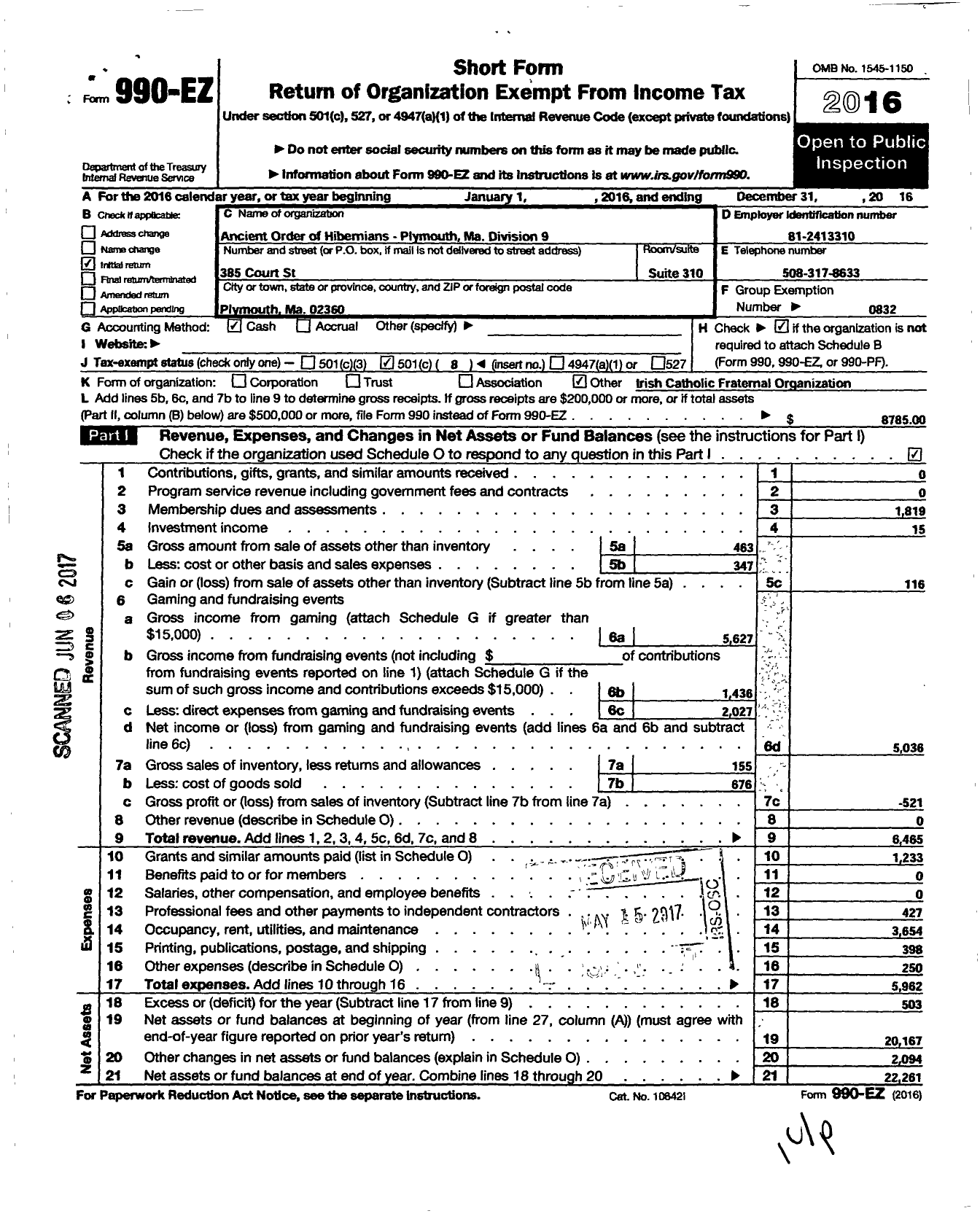 Image of first page of 2016 Form 990EO for Ancient Order of Hibernians in America - 19 Pl 09