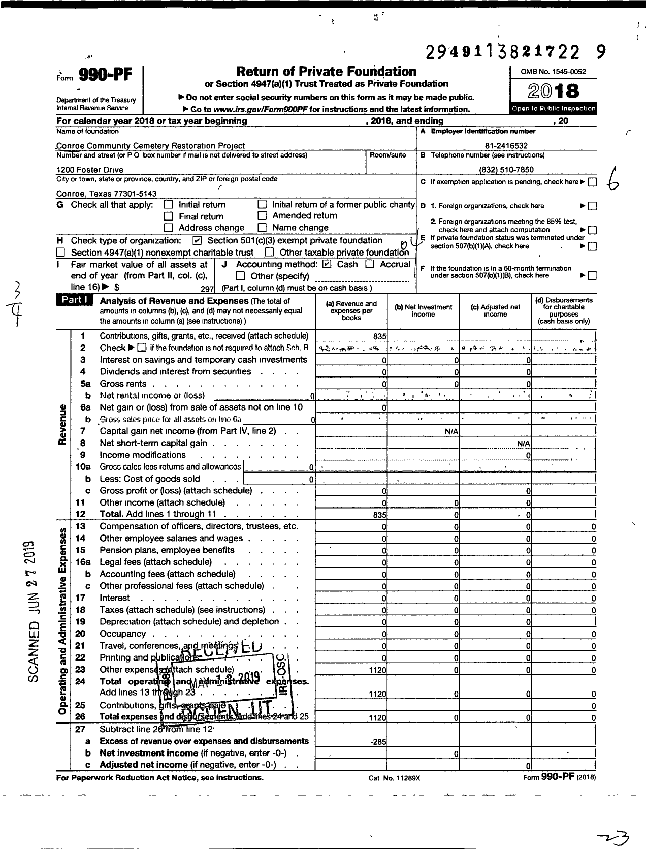 Image of first page of 2018 Form 990PF for Conroe Community Cemetery Restoration Project