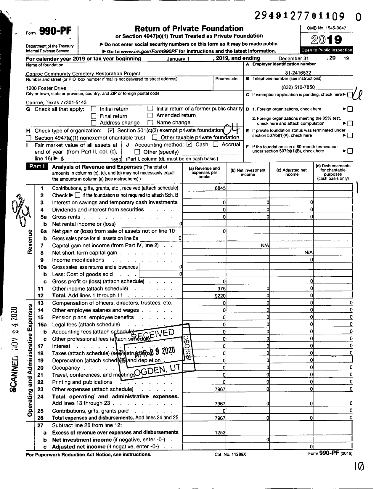 Image of first page of 2019 Form 990PF for Conroe Community Cemetery Restoration Project