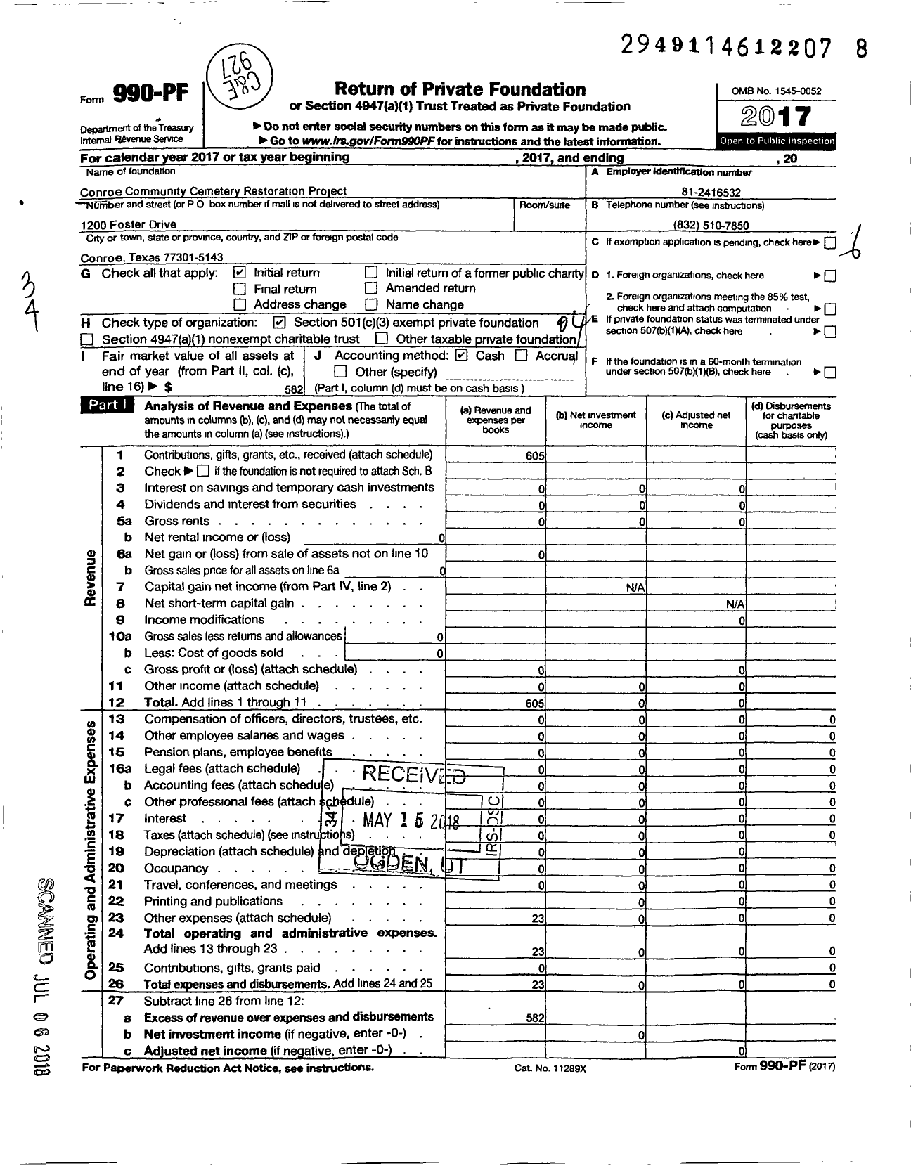 Image of first page of 2017 Form 990PF for Conroe Community Cemetery Restoration Project