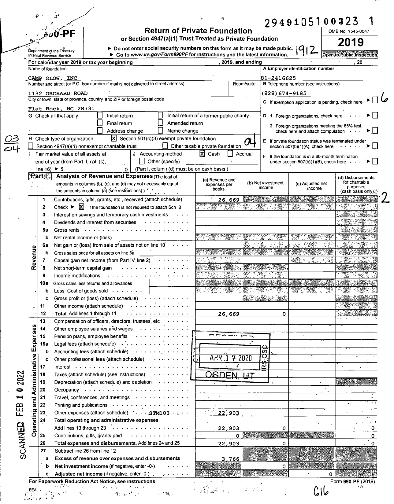 Image of first page of 2019 Form 990PF for Camp Glow