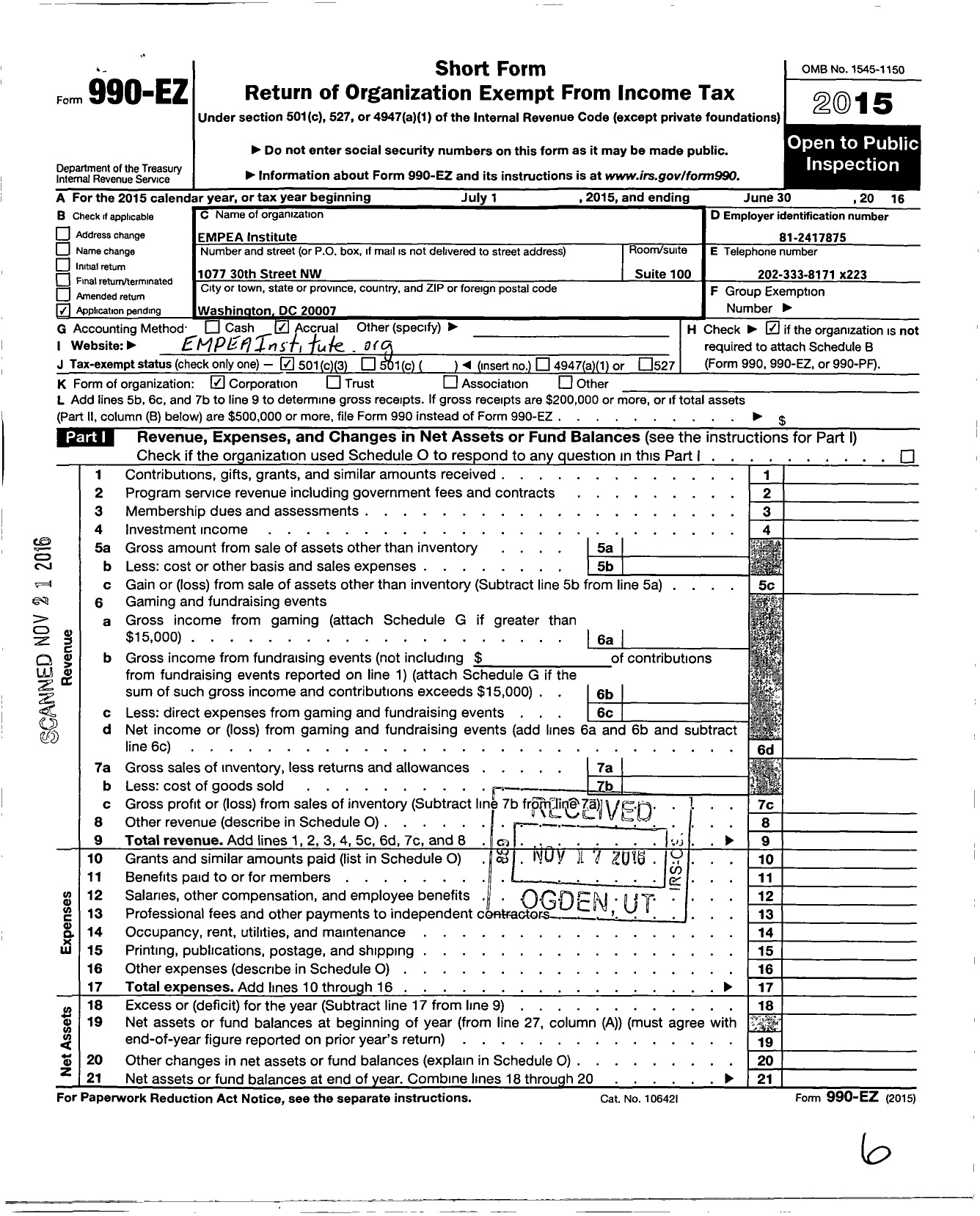 Image of first page of 2015 Form 990EZ for Empea Institute