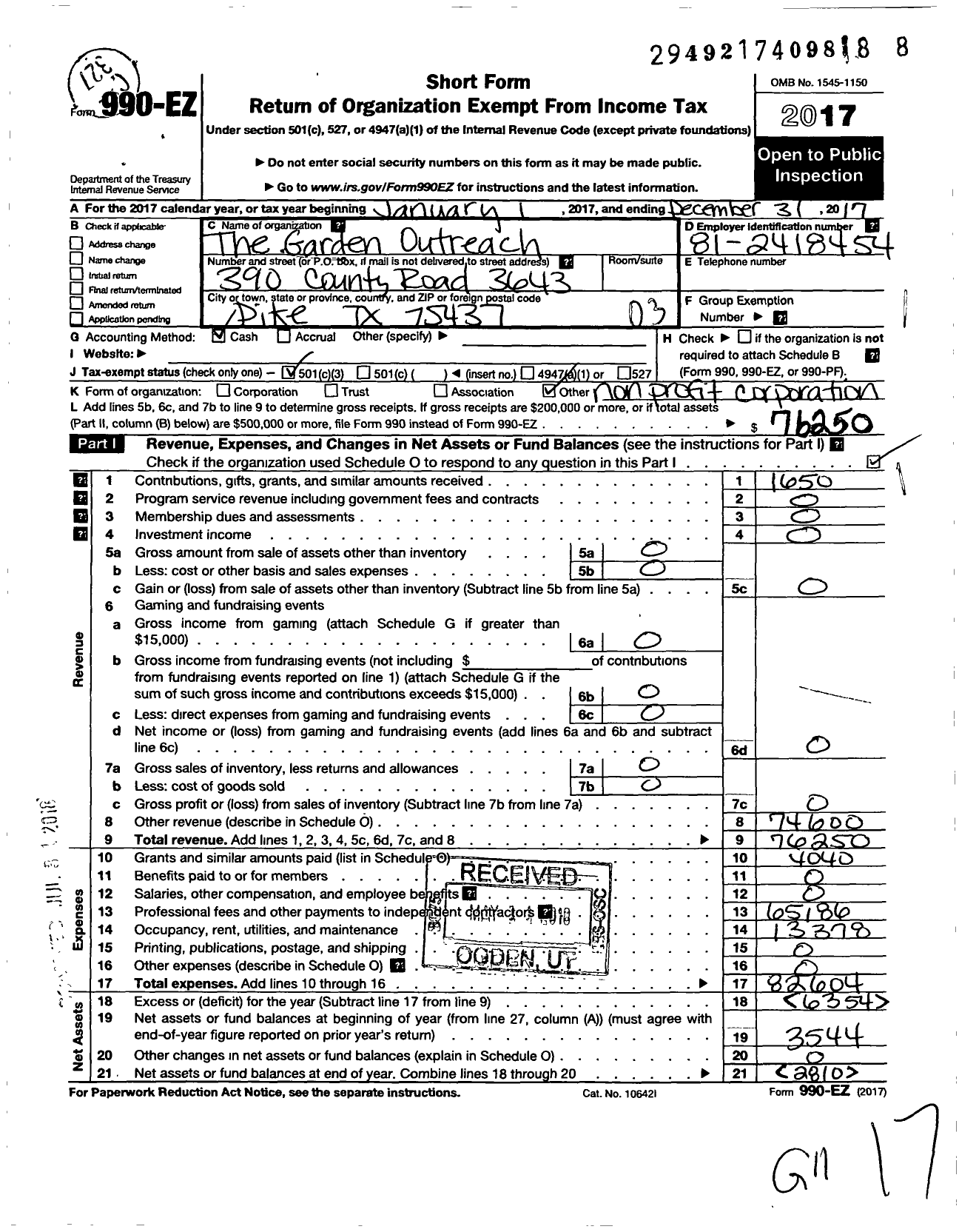 Image of first page of 2017 Form 990EZ for Garden Outreach