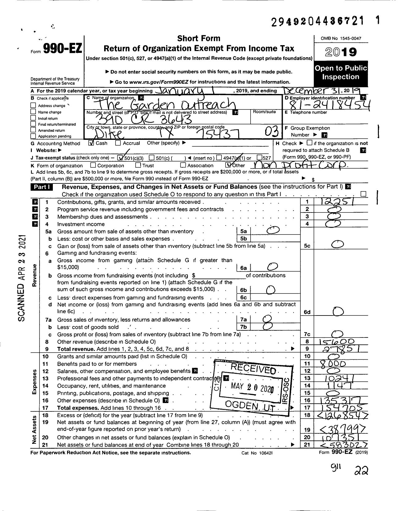 Image of first page of 2019 Form 990EZ for Garden Outreach