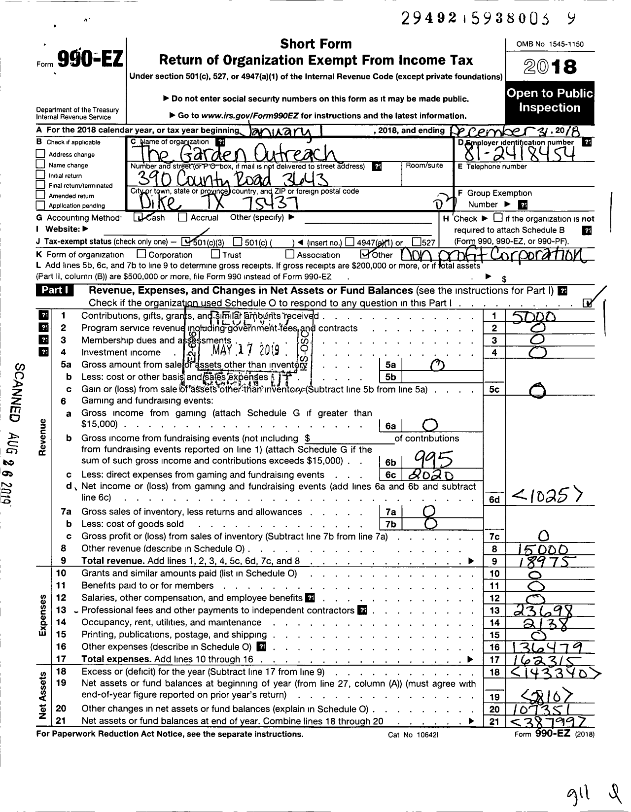 Image of first page of 2018 Form 990EZ for Garden Outreach