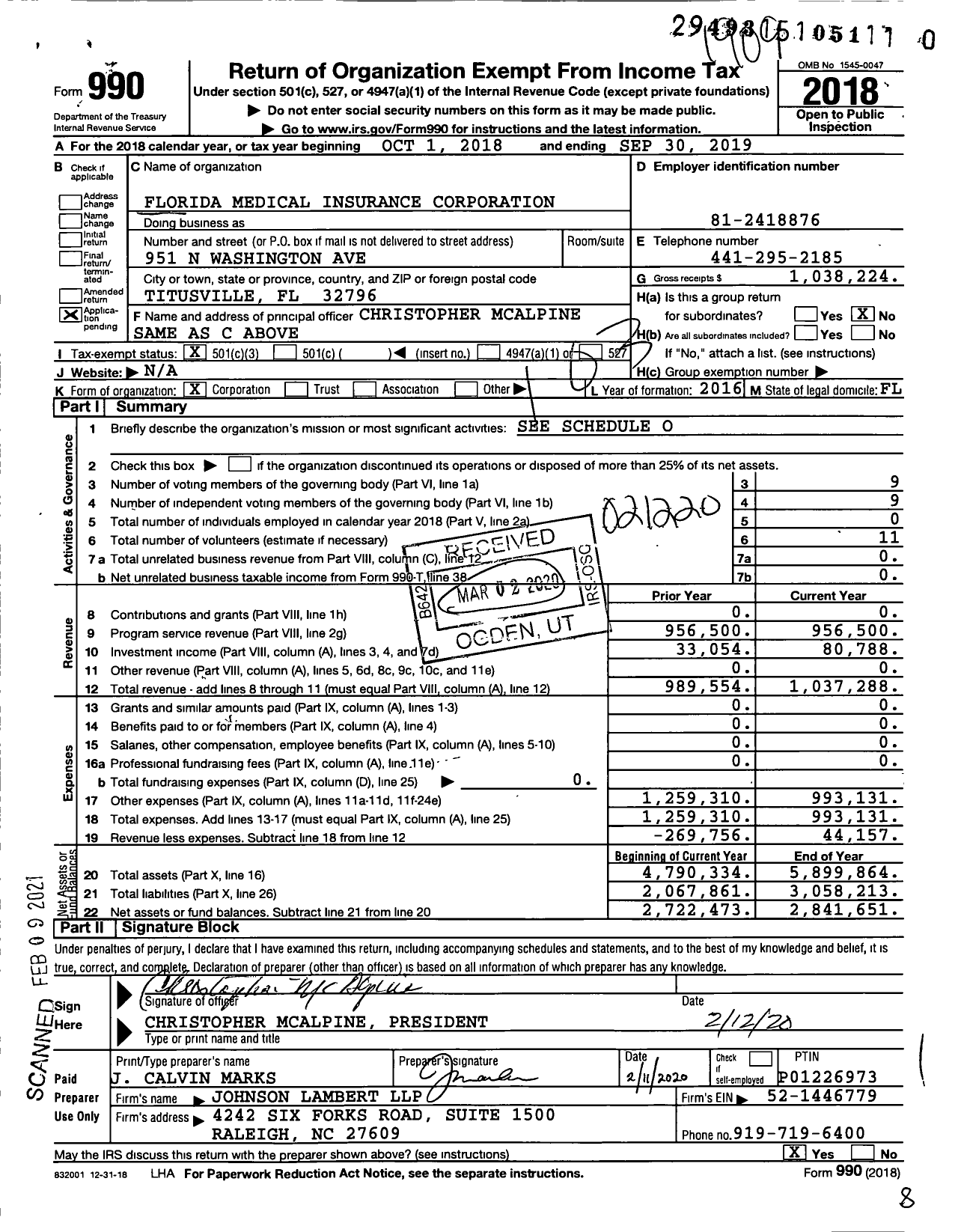 Image of first page of 2018 Form 990 for Florida Medical Insurance Corporation