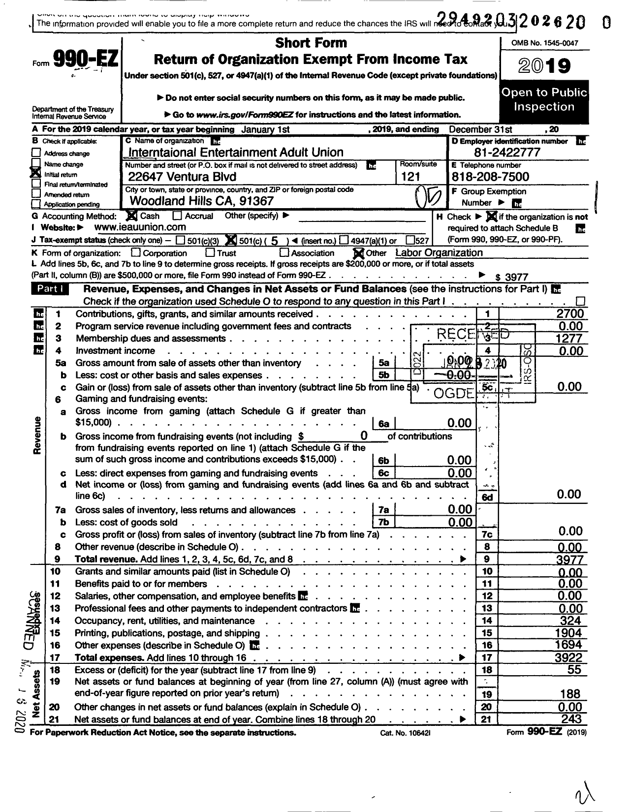 Image of first page of 2019 Form 990EO for International Entertainment Adult Union