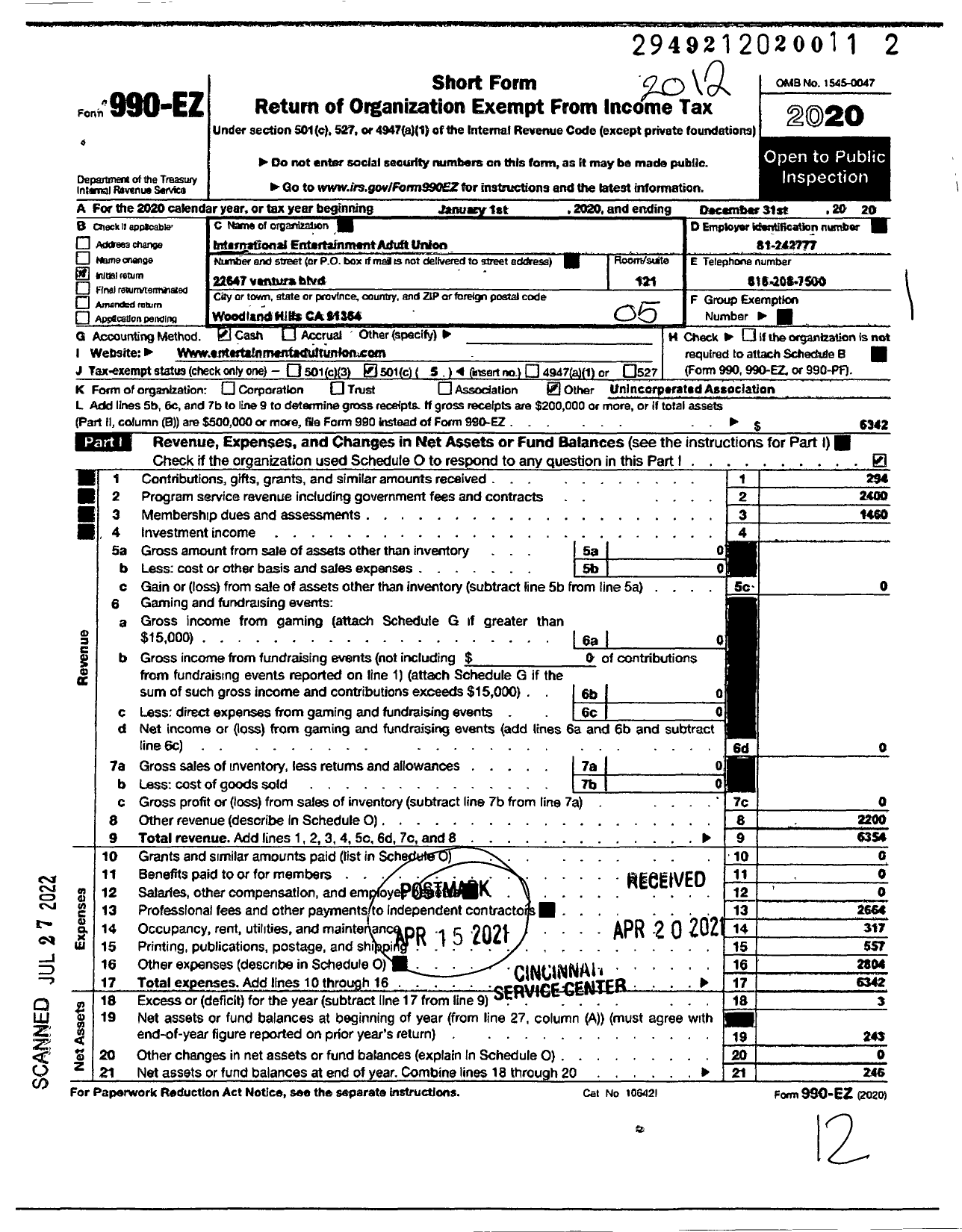 Image of first page of 2020 Form 990EO for International Entertainment Adult Union