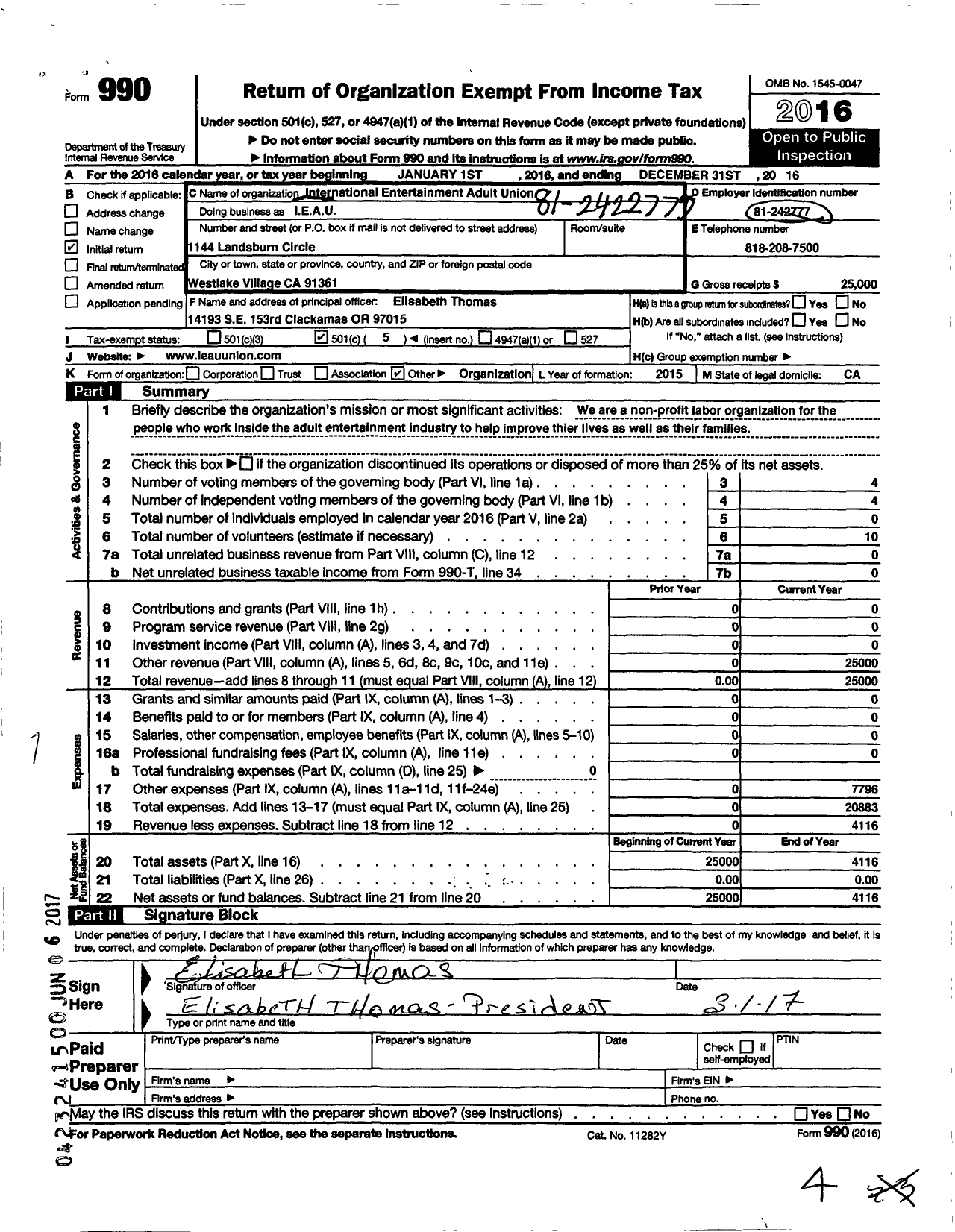 Image of first page of 2016 Form 990O for International Entertainment Adult Union