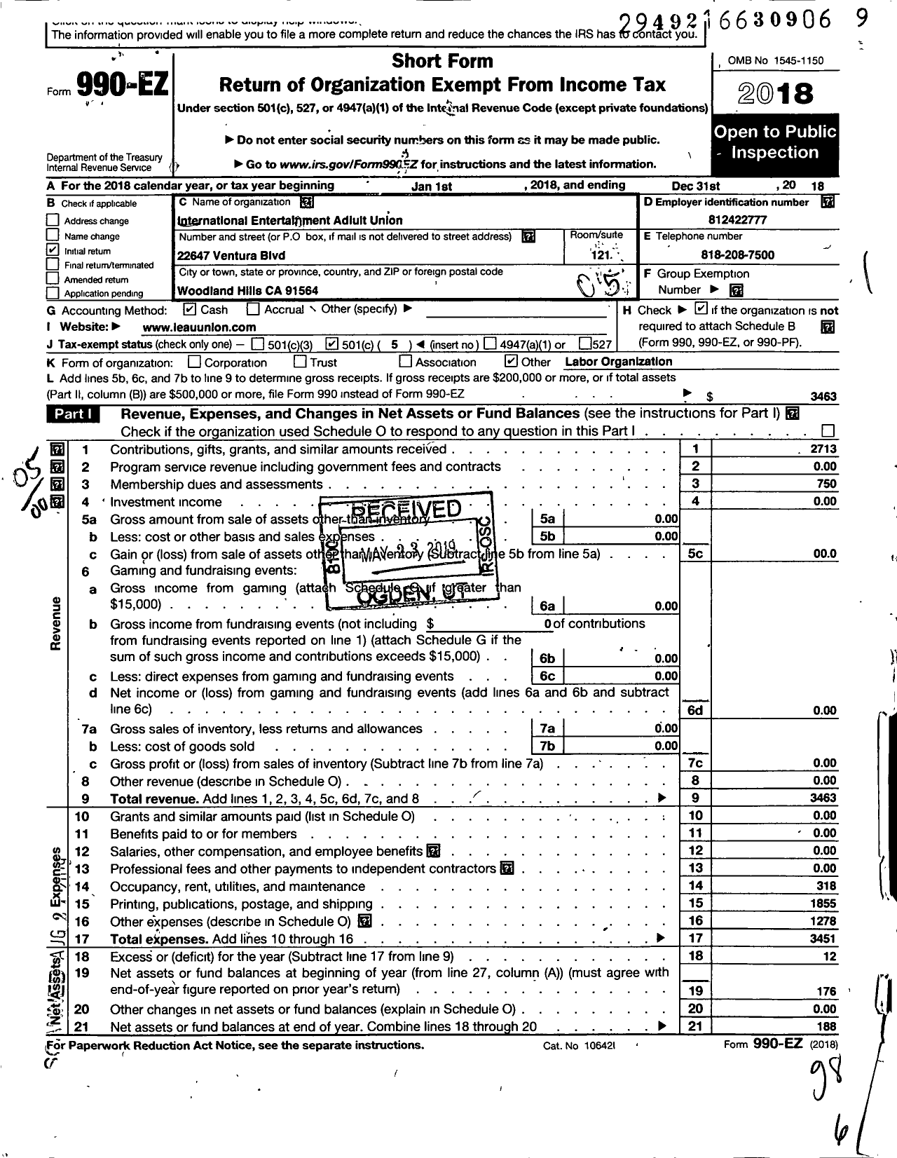 Image of first page of 2018 Form 990EO for International Entertainment Adult Union